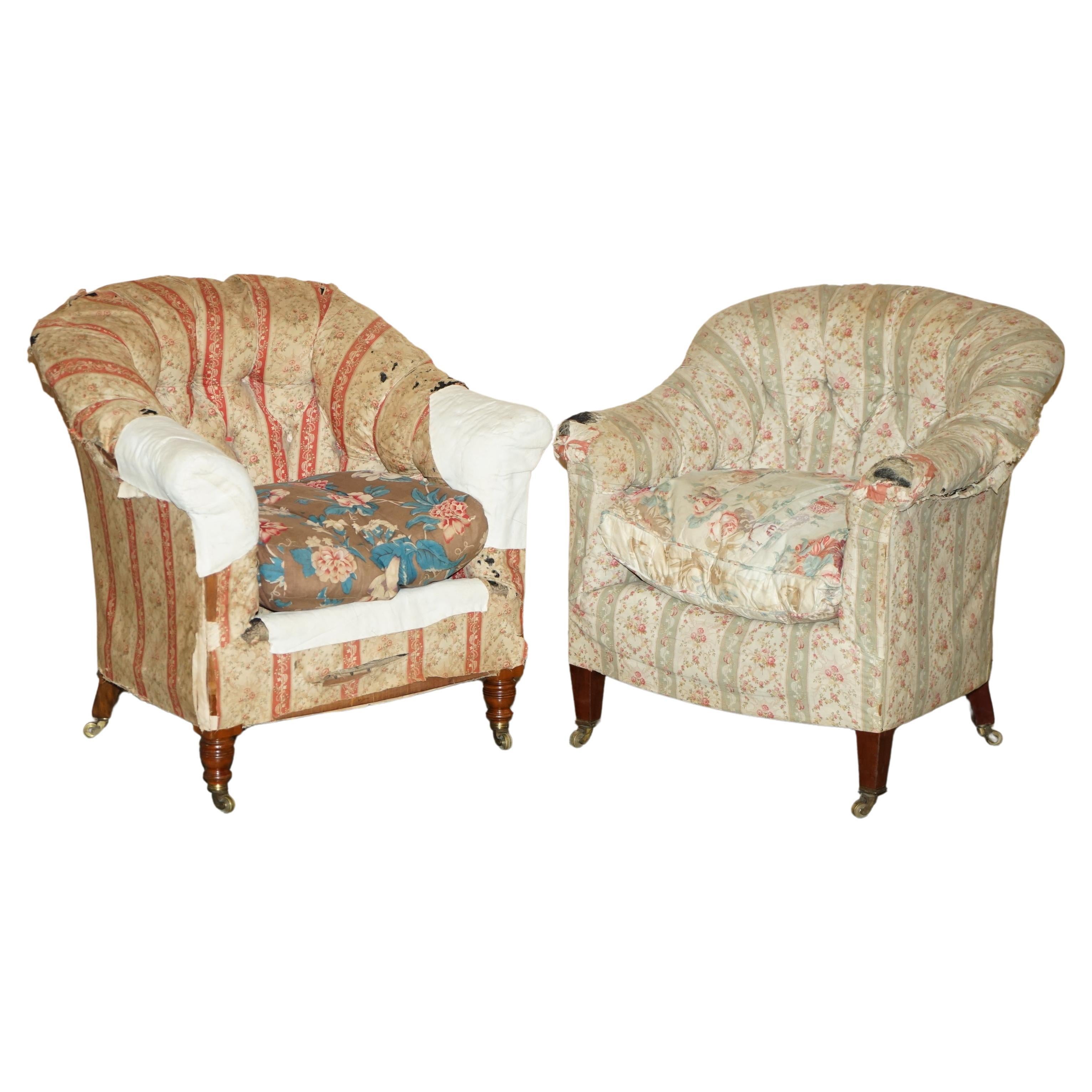 Pair of Antique Original Ticking Fabric Howard & Son's Chesterfield Armchairs For Sale