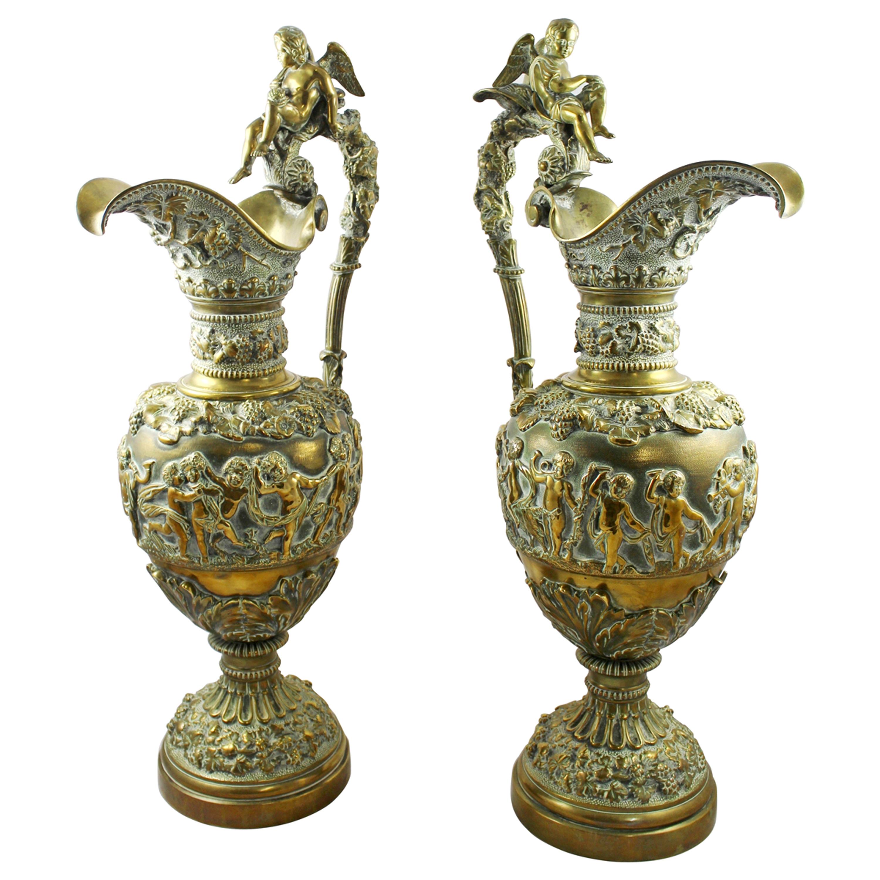 Pair of Antique Ormolu Brass Greco-Roman Style Ewers For Sale