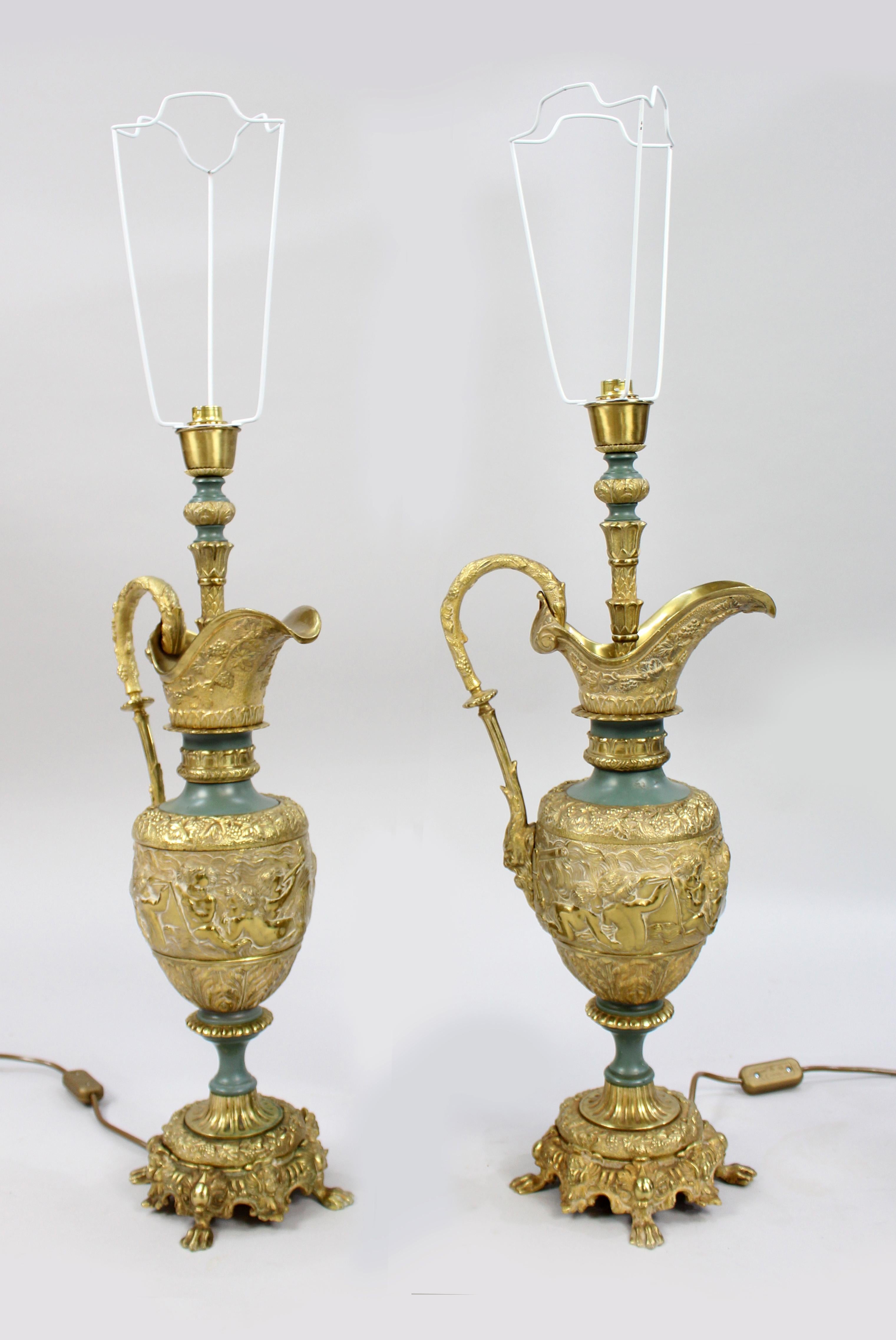 Pair of antique ormolu ewer form table lamps


Period c.1890

Heavy gilded brass bodies in the form of ewers, profusely worked 

Measures: Width 26 cm / 10 in

Depth 20 cm / 8 in

Height (excluding shade carrier) 63 cm / 25