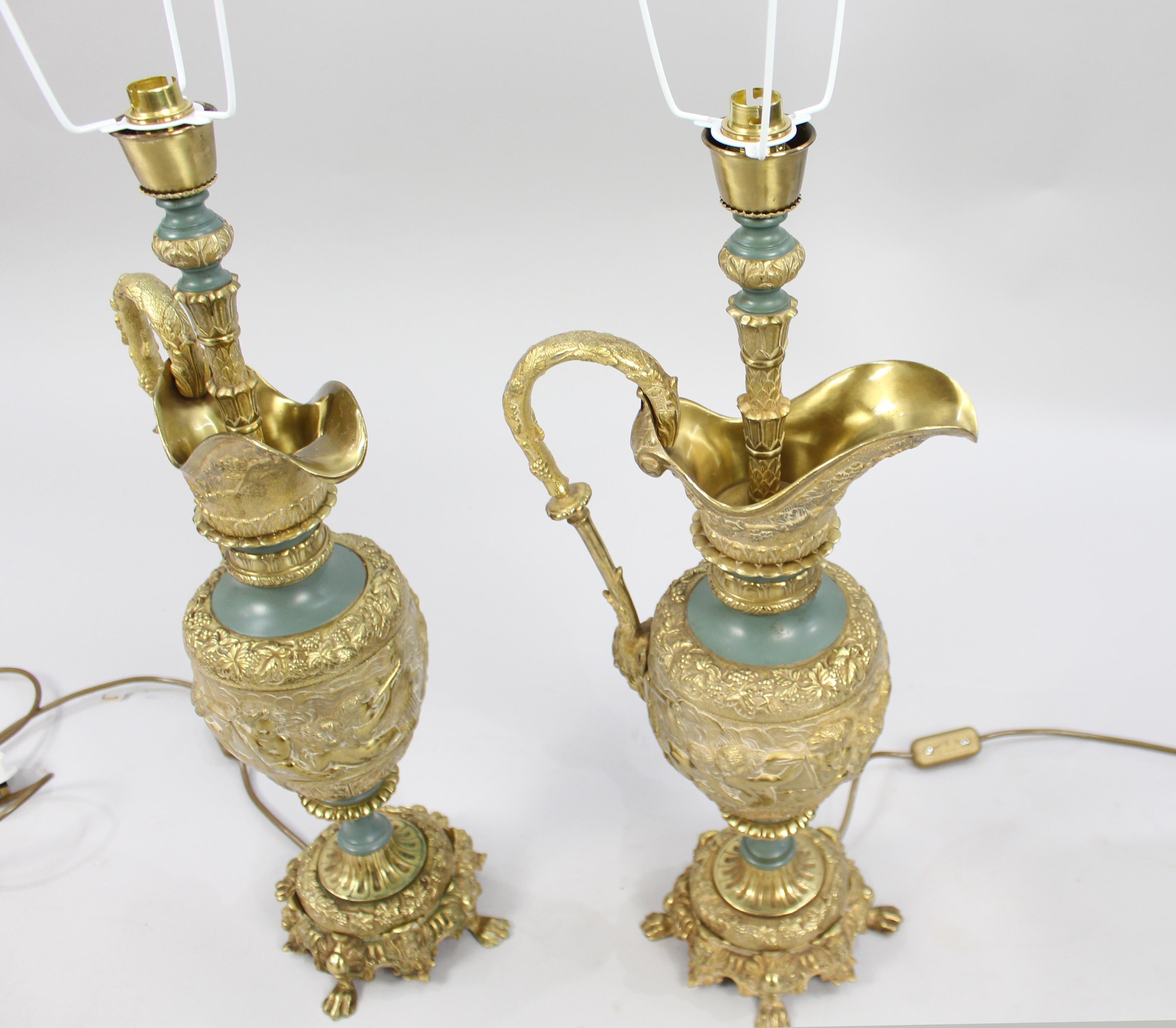 Pair of Antique Ormolu Ewer Form Table Lamps In Good Condition For Sale In Worcester, GB