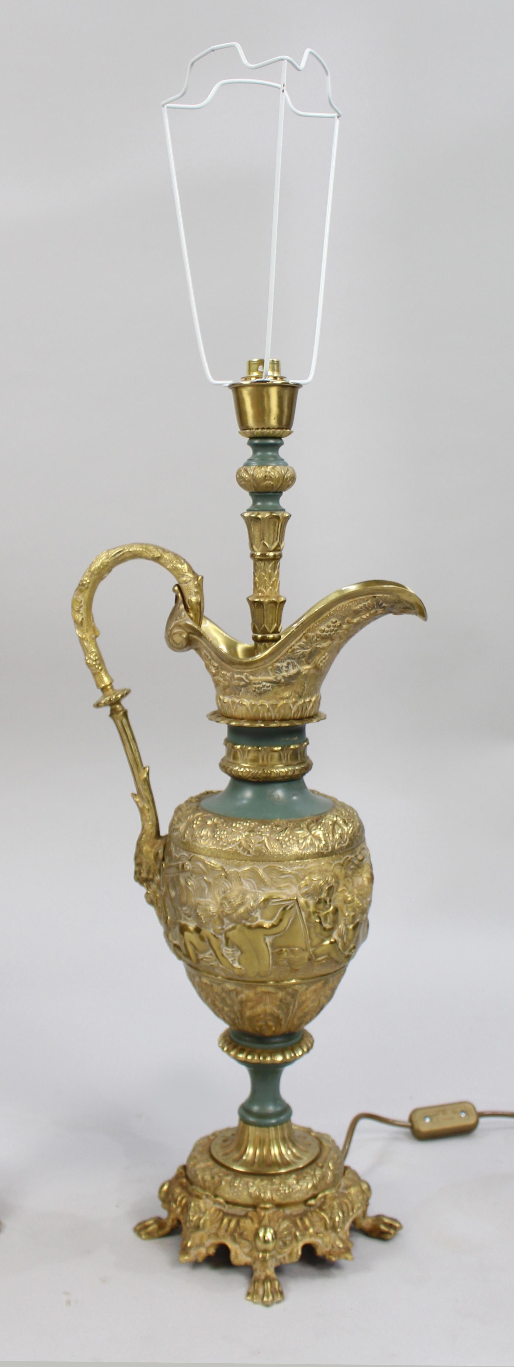 19th Century Pair of Antique Ormolu Ewer Form Table Lamps For Sale