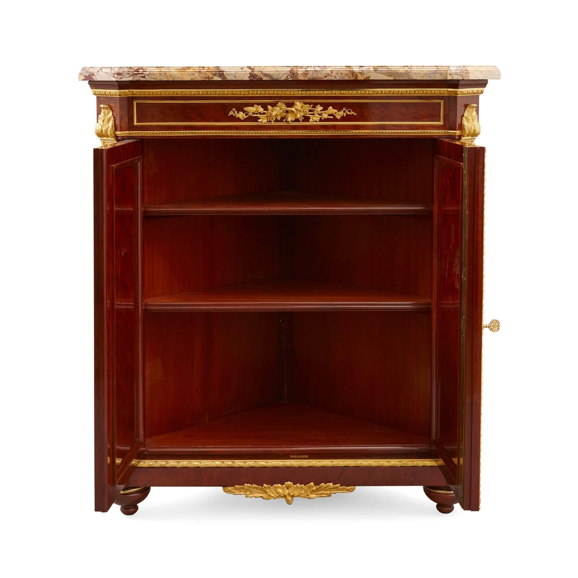 French Pair of Antique Ormolu Mounted and Mahogany Corner Cabinets by Grohé Frères For Sale