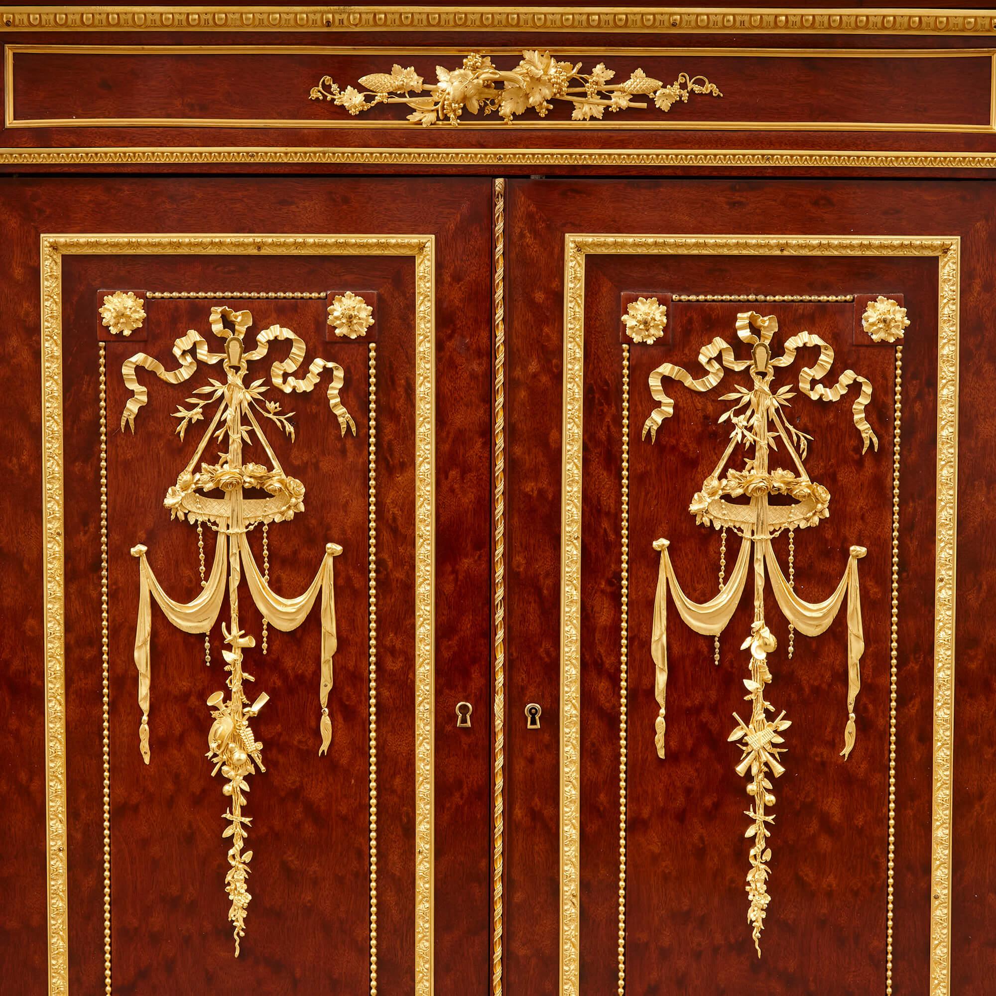 Carved Pair of Antique Ormolu Mounted and Mahogany Corner Cabinets by Grohé Frères For Sale