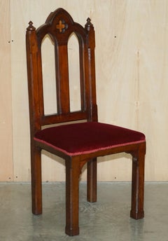 Pair of Antique Ornately Carved Steeple Back Oak Gothic Revival Hall Side Chairs