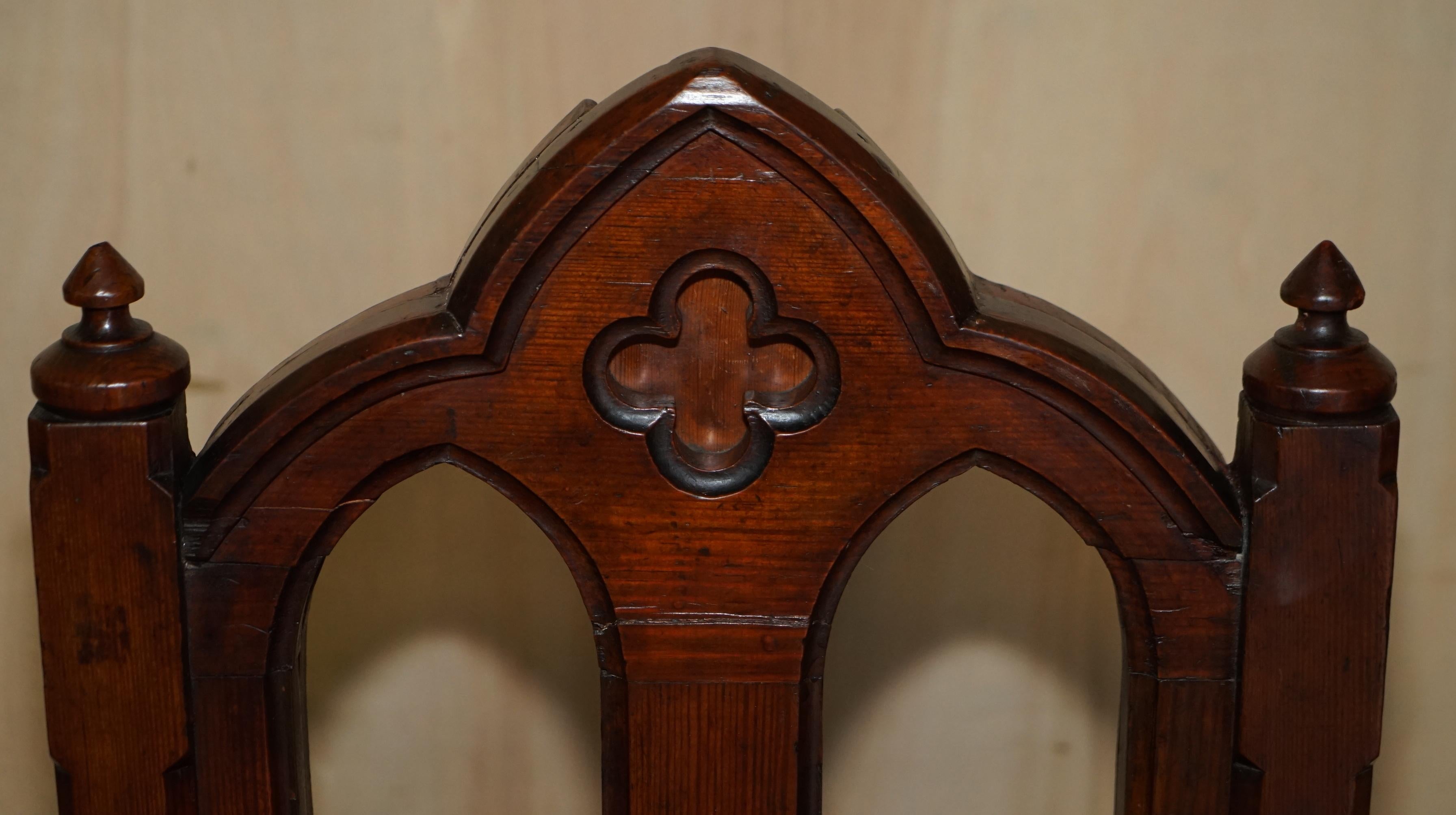 Mid-19th Century Pair of Antique Ornately Carved Steeple Back Oak Gothic Revival Hall Side Chairs