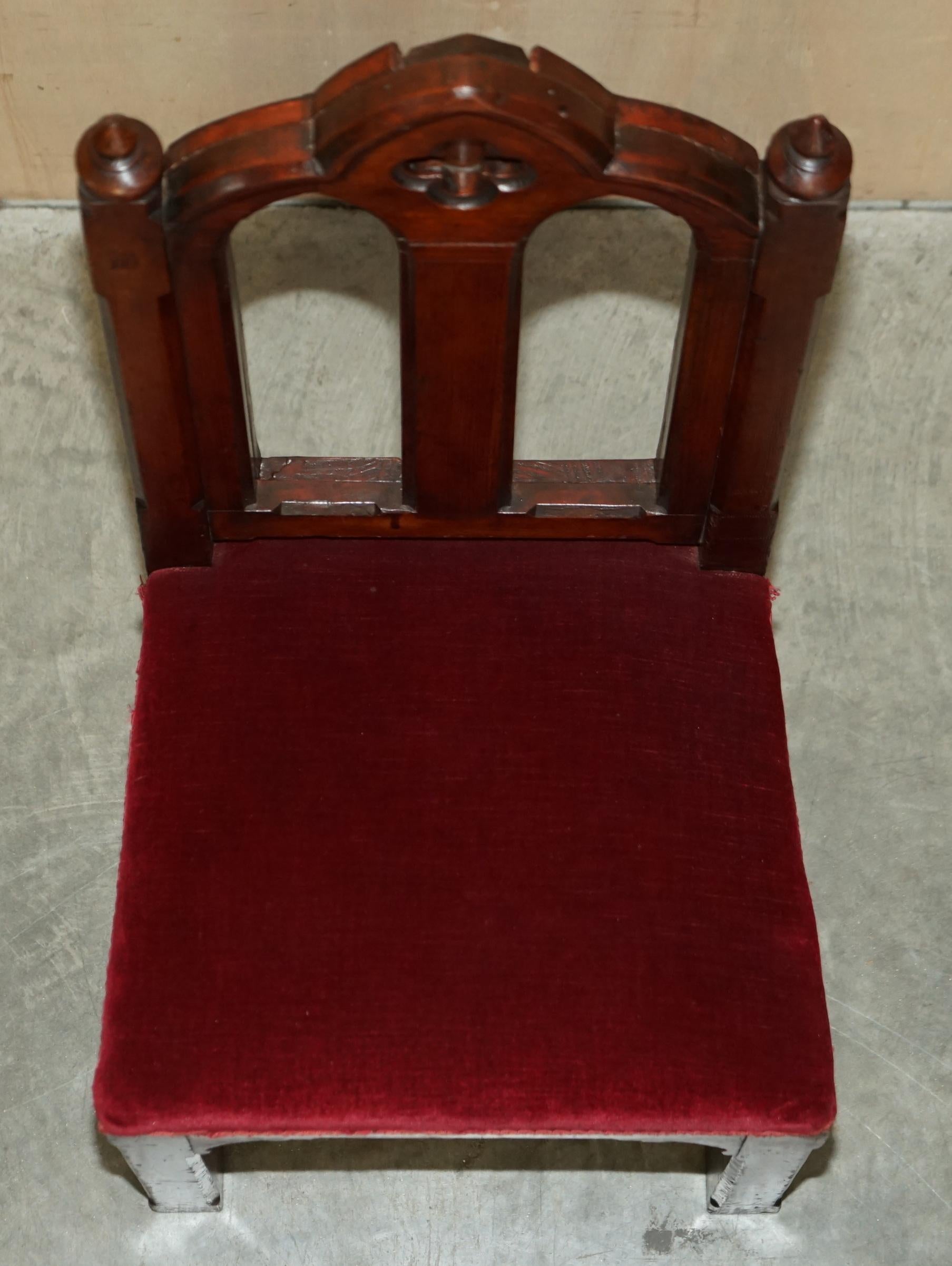 Pair of Antique Ornately Carved Steeple Back Oak Gothic Revival Hall Side Chairs 4