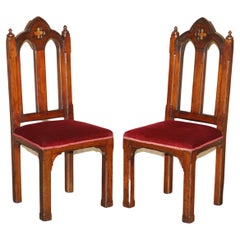 Pair of Antique Ornately Carved Steeple Back Oak Gothic Revival Hall Side Chairs