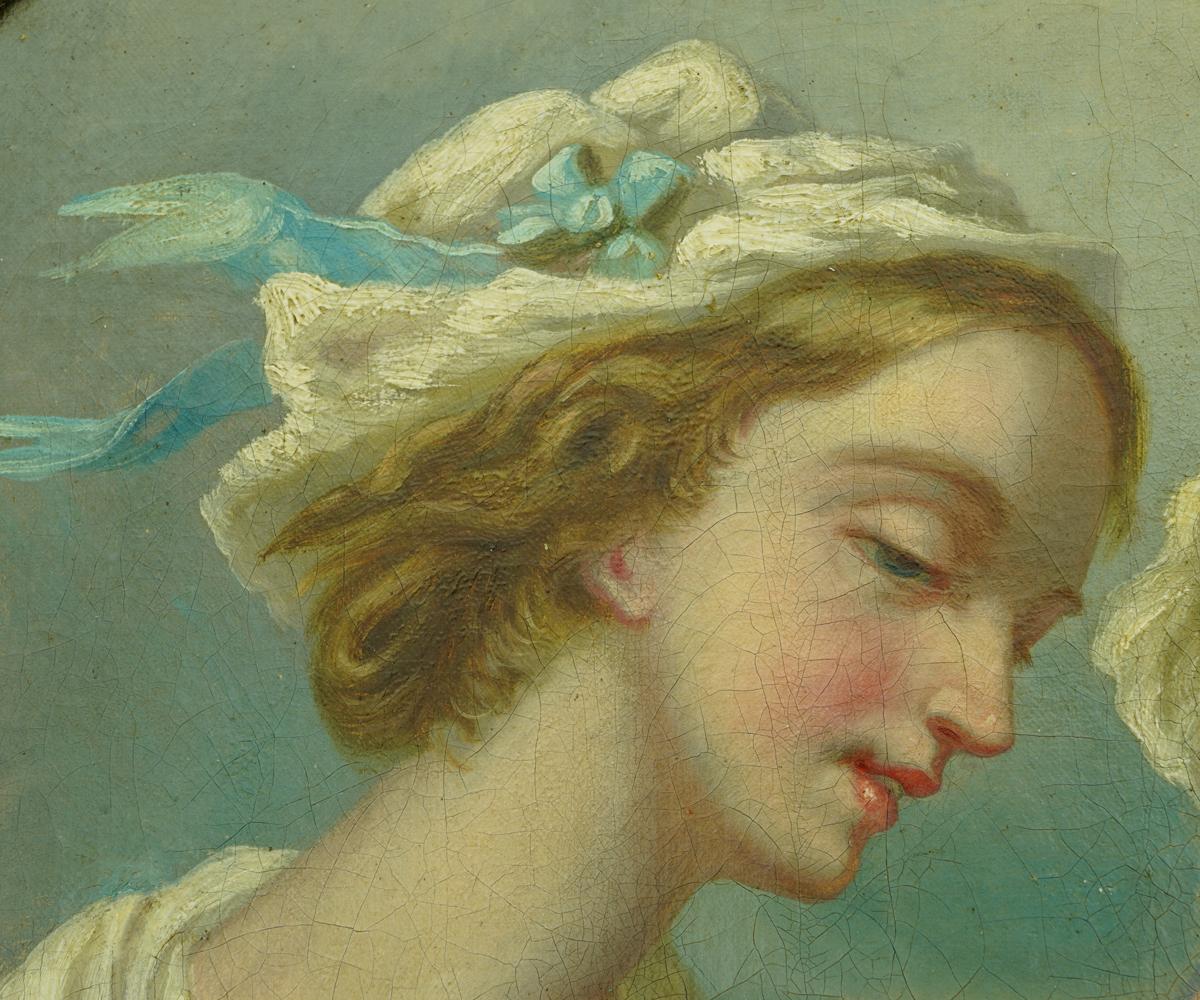 Paire de peintures à l'huile ovales anciennes dans leur cadre doré d'origine en vente 7
