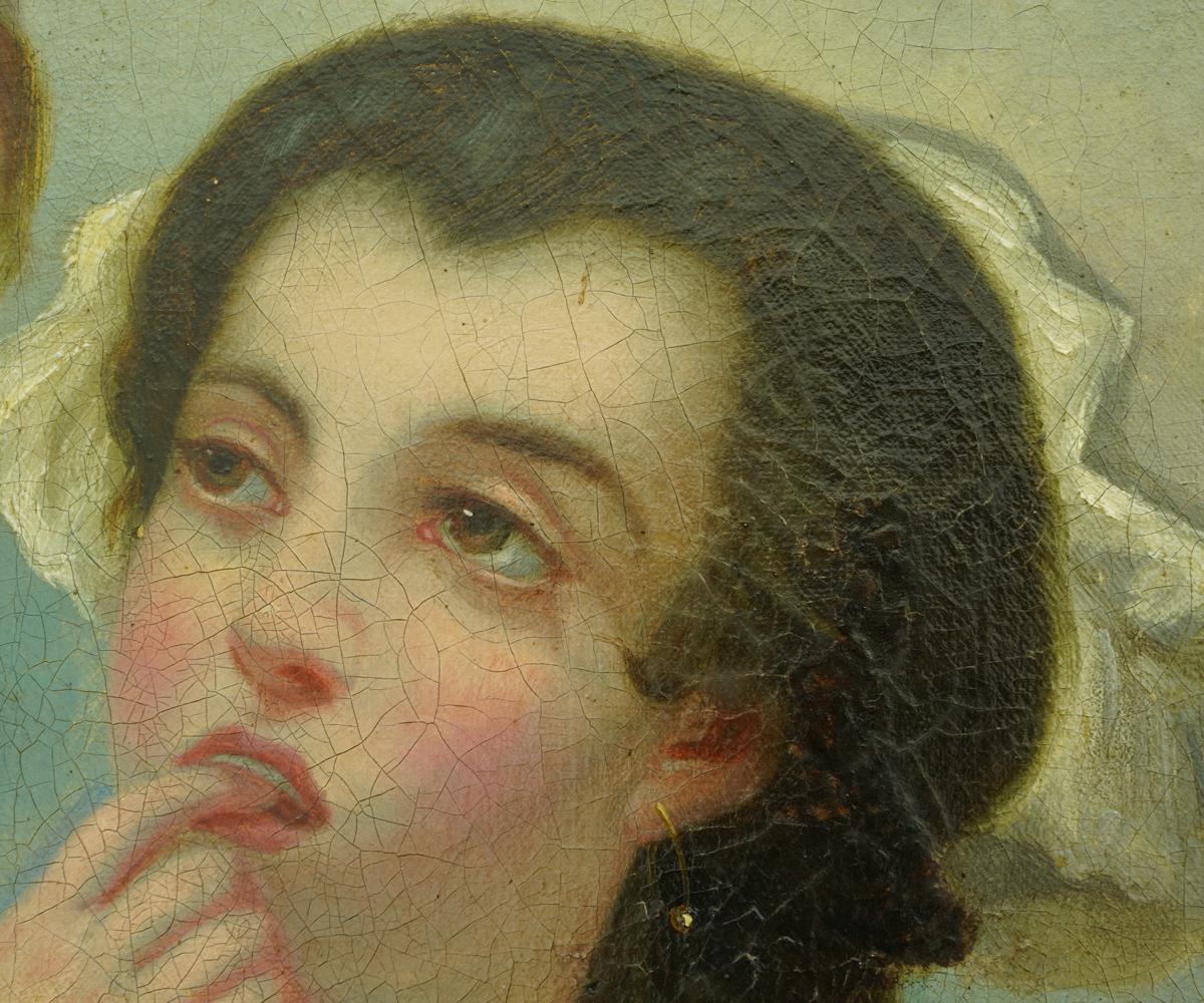 Paire de peintures à l'huile ovales anciennes dans leur cadre doré d'origine en vente 8