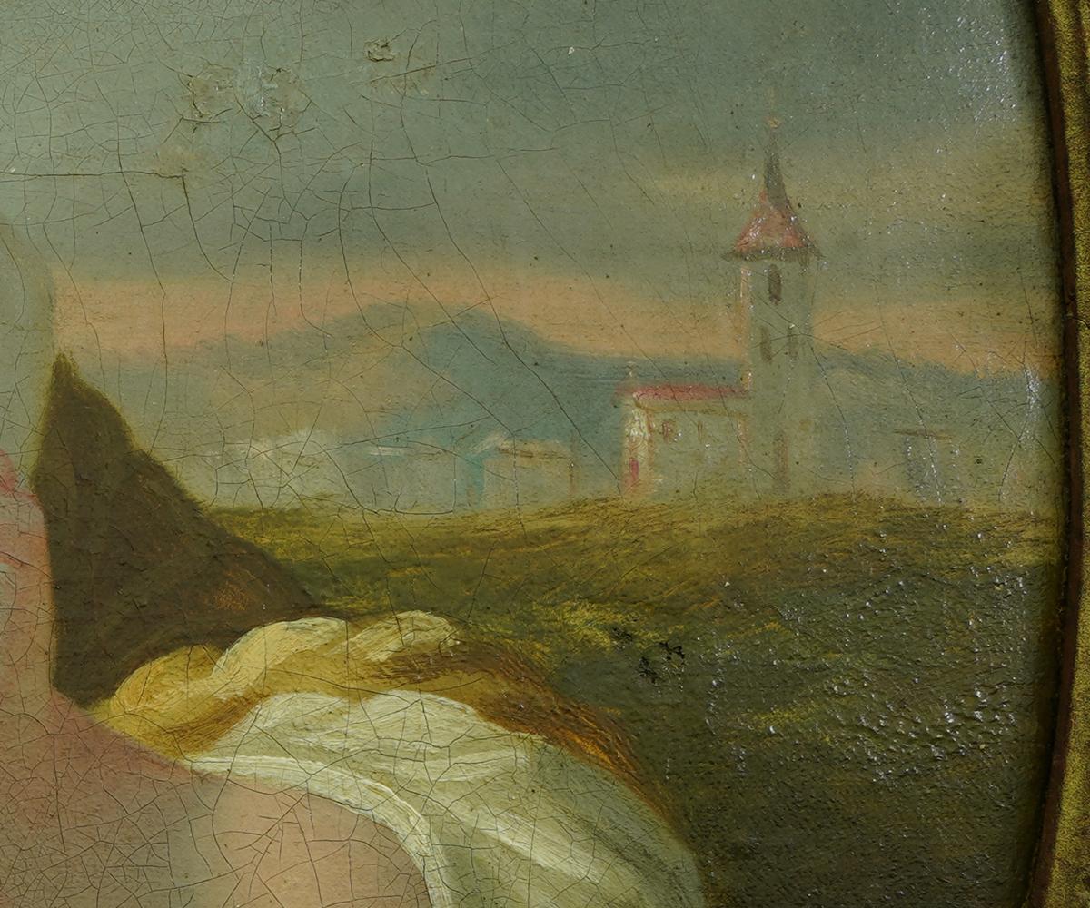 Paire de peintures à l'huile ovales anciennes dans leur cadre doré d'origine en vente 10