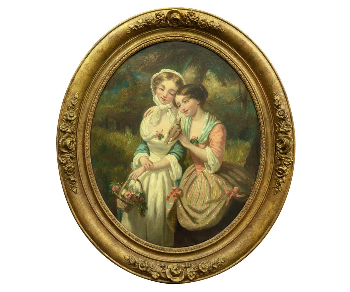 This a a beautiful pair of antique, 19th century, oil paintings that each featuring a pair of maidens tenderly sharing secrets. They all wear colorful flowing garments in a natural meadow and woods setting. Luckily, these pair have been kept