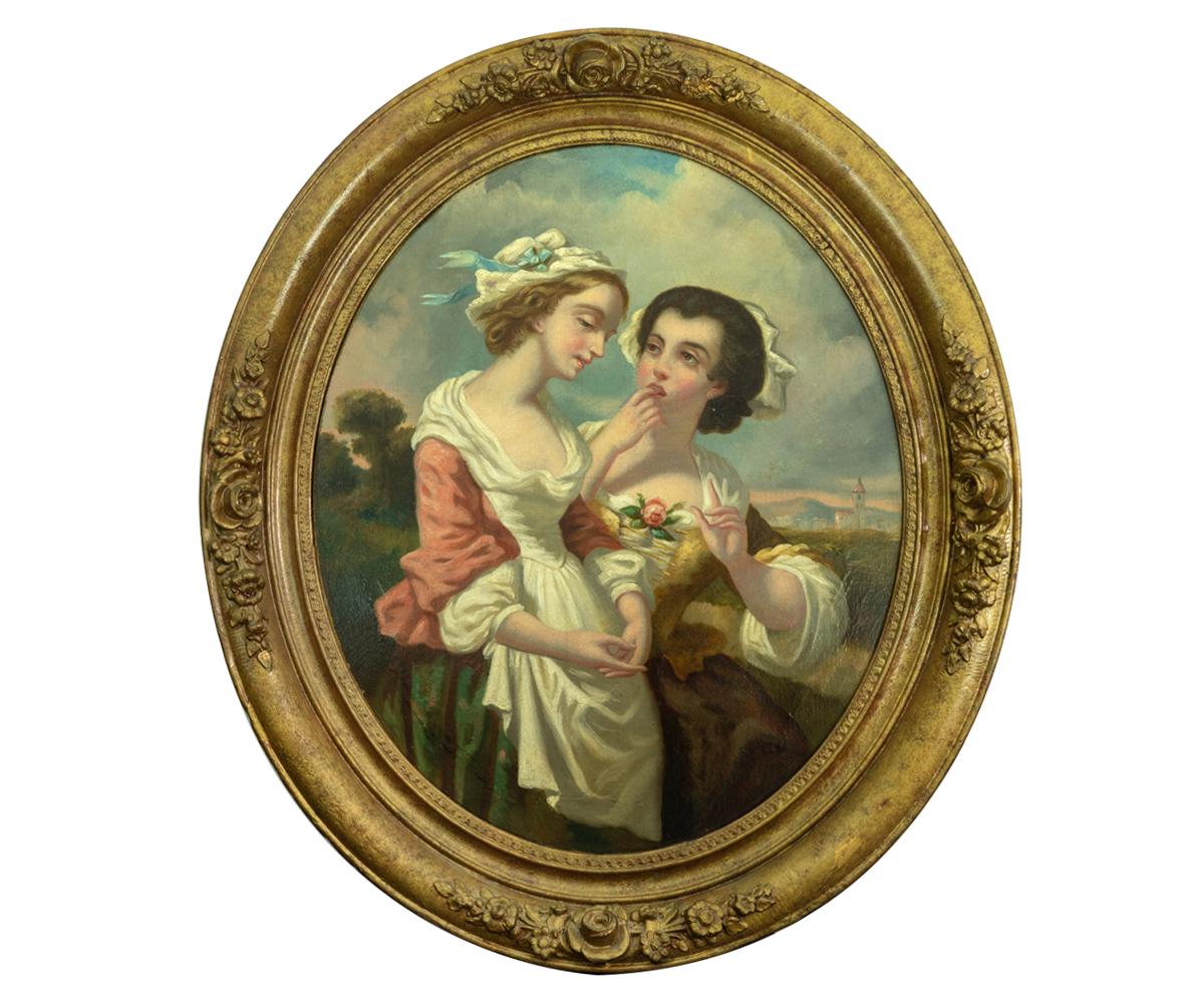 Paire de peintures à l'huile ovales anciennes dans leur cadre doré d'origine en vente 2