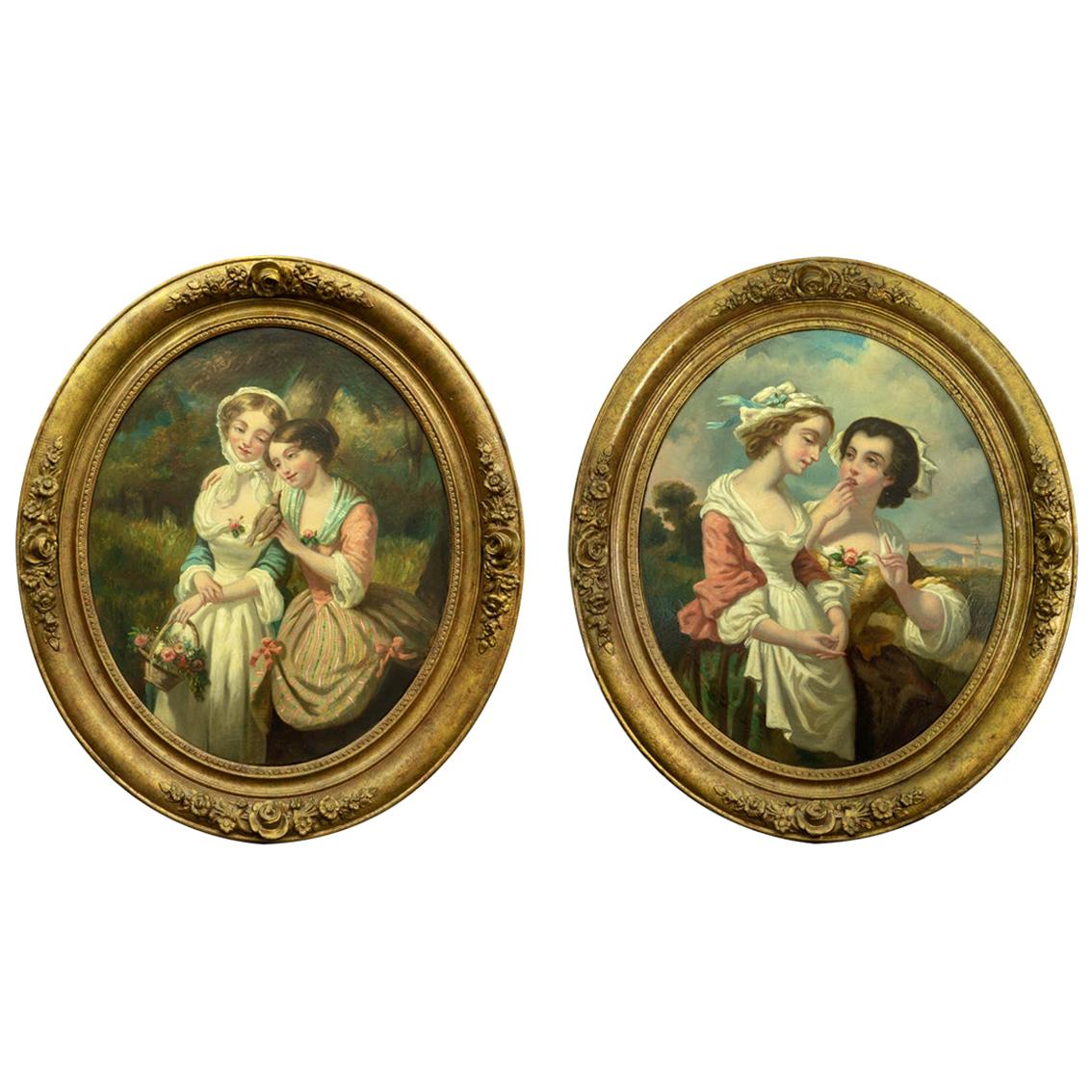 Pair of Antique Oval Oil Paintings in Original Gilt Frames For Sale