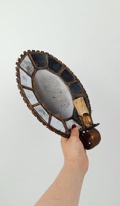 Pair of Antique Oval Sconces in Twisted Gilt Iron and Mosaic Mirror Reflectors