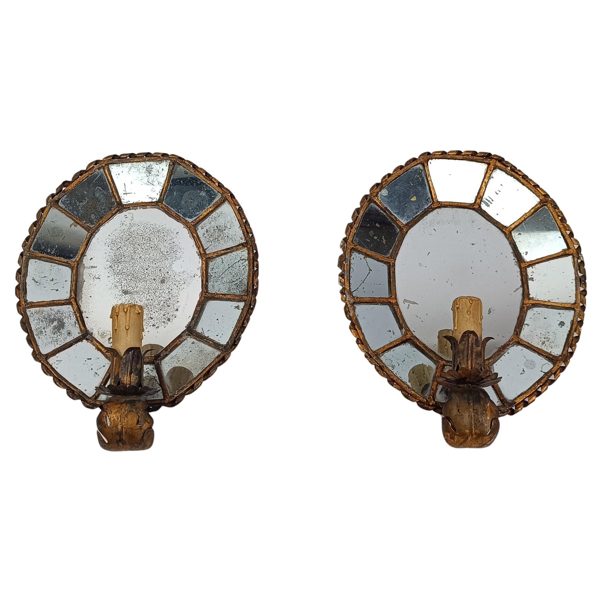 Pair of Antique Oval Sconces in Twisted Gilt Iron and Mosaic Mirror Reflectors