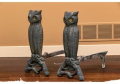 Pair Of Antique Owl Form Iron Andirons With Glass Eyes