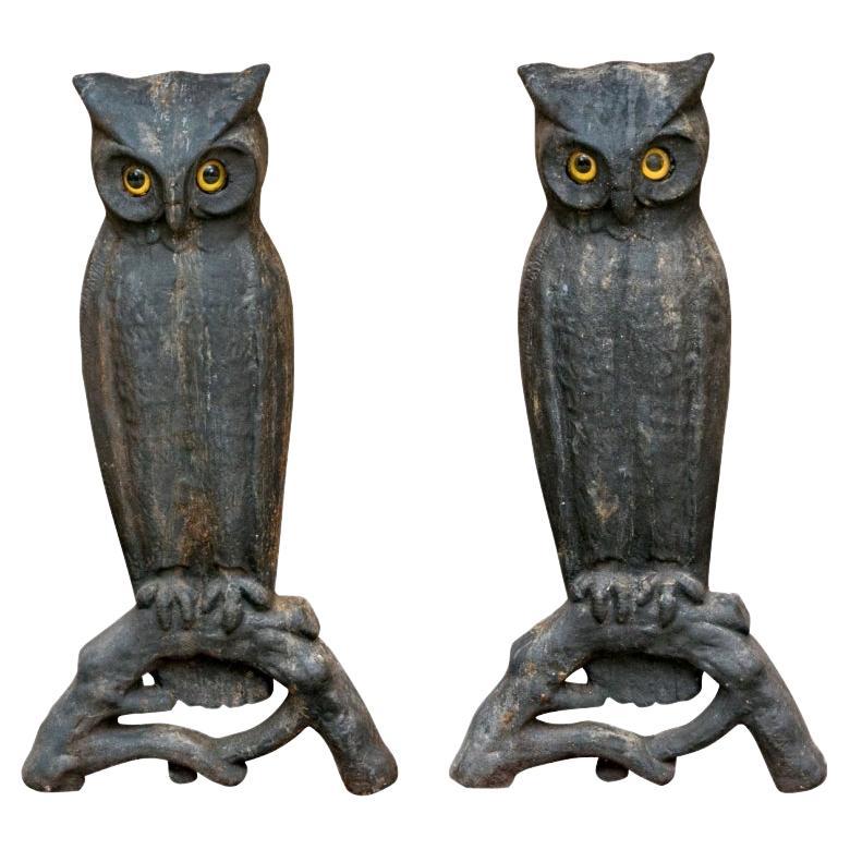 Pair Of Antique Owl Form Iron Andirons With Glass Eyes