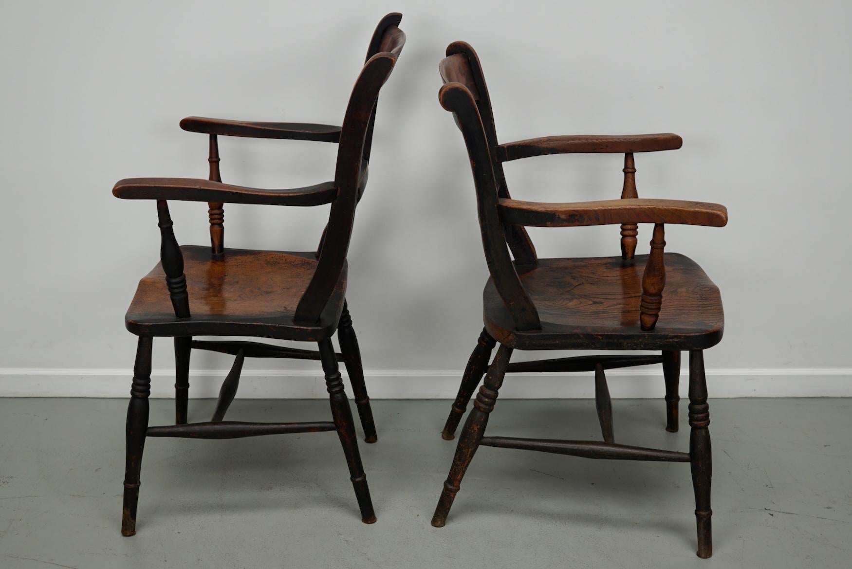 Pair of Antique Oxford Chairs, Windsor, Bar Back, Armchair, Elm, 19thc For Sale 7
