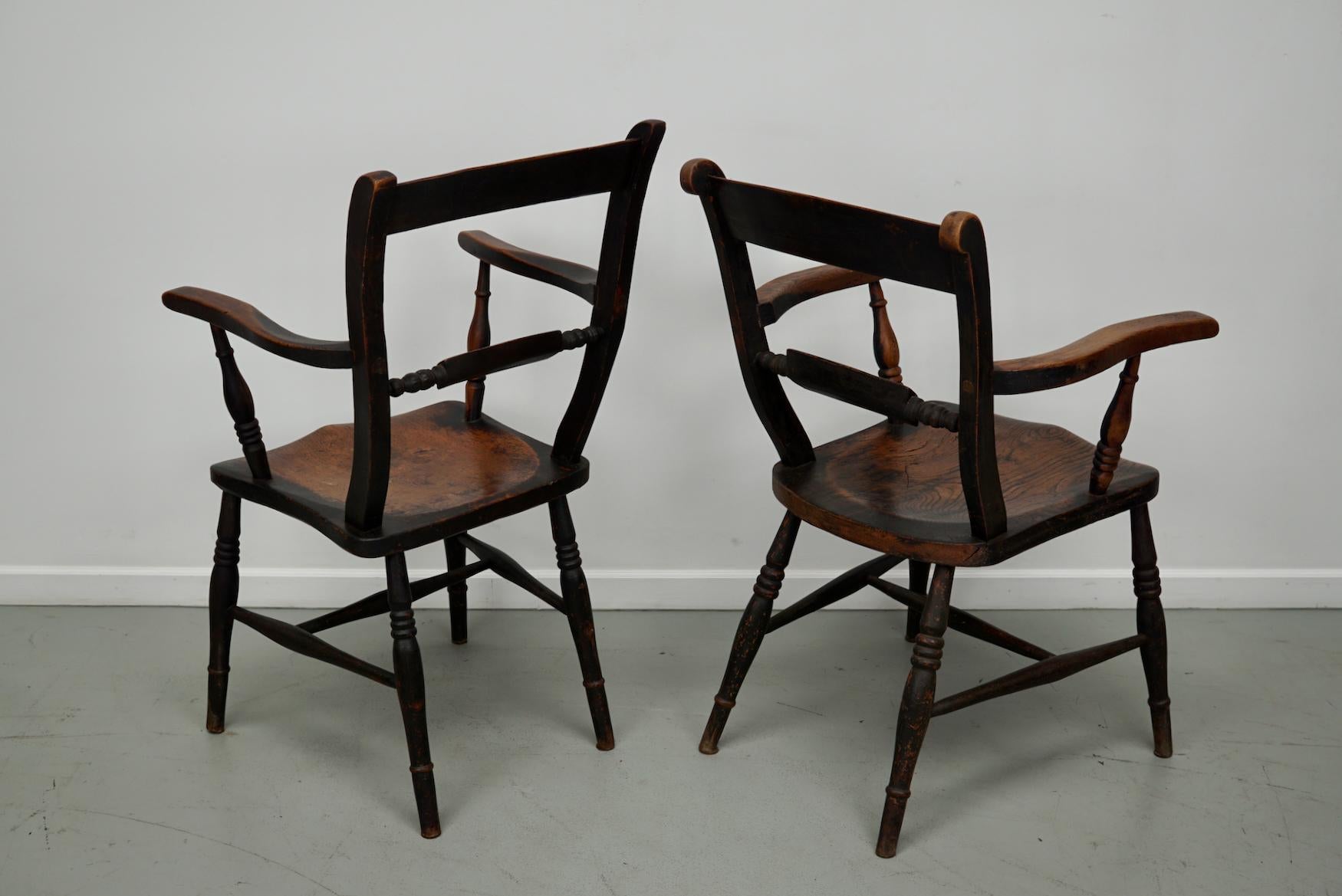 Pair of Antique Oxford Chairs, Windsor, Bar Back, Armchair, Elm, 19thc For Sale 9
