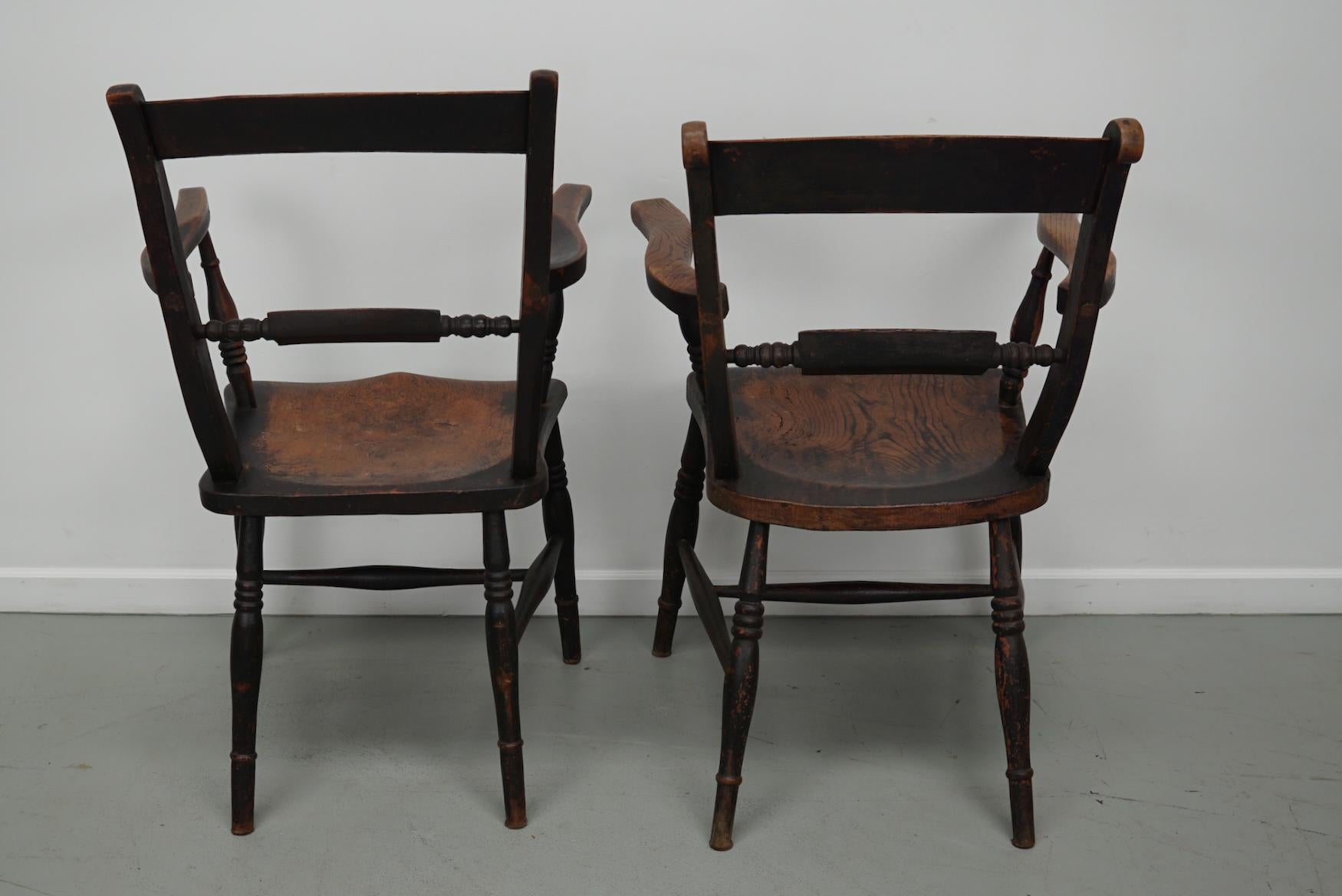 Pair of Antique Oxford Chairs, Windsor, Bar Back, Armchair, Elm, 19thc For Sale 10