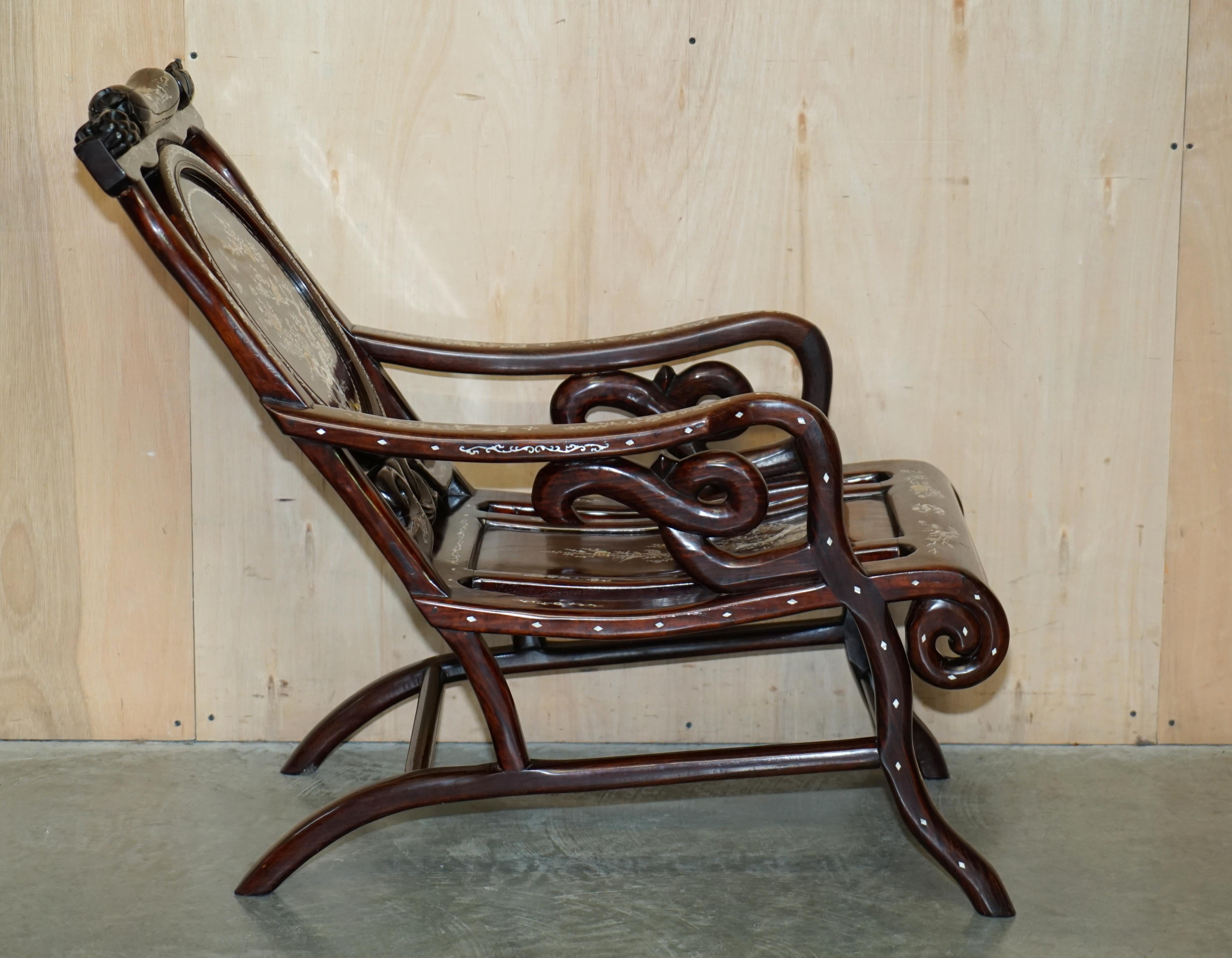 Pair of Antique Padauk & Mother of Pearl Reclined Plantation Armchairs & Table For Sale 6