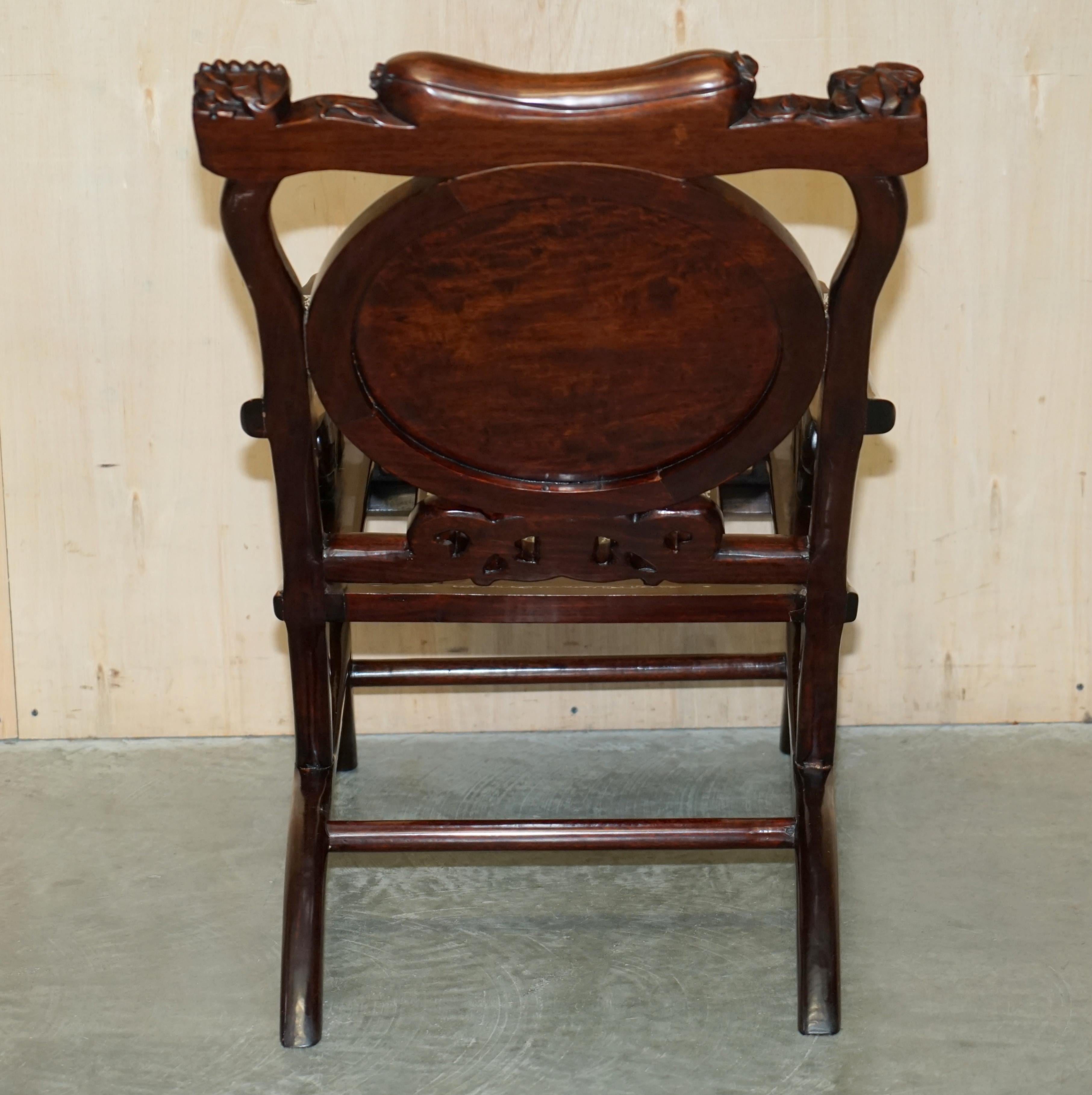 Pair of Antique Padauk & Mother of Pearl Reclined Plantation Armchairs & Table For Sale 7