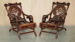 Pair of Antique Padauk & Mother of Pearl Reclined Plantation Armchairs & Table