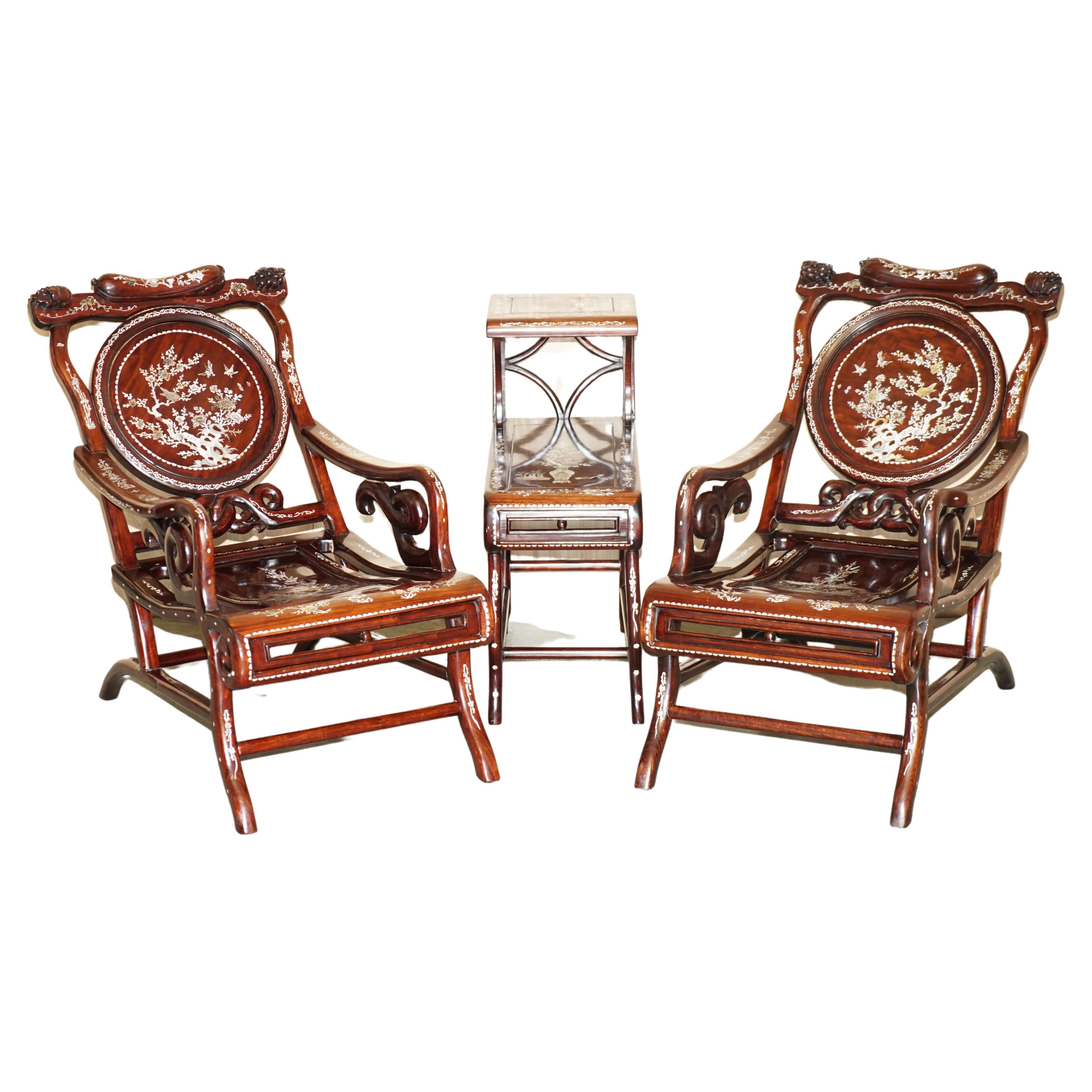 Pair of Antique Padauk & Mother of Pearl Reclined Plantation Armchairs & Table For Sale