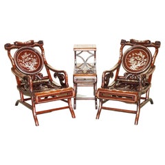 Pair of Antique Padauk & Mother of Pearl Reclined Plantation Armchairs & Table