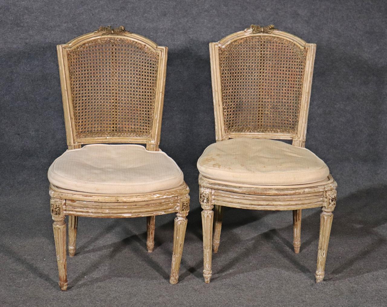 Mid-19th Century Pair of Antique Paint Decorated Cane Back French Louis XVI Chairs, Circa 1860s For Sale