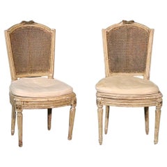 Pair of Used Paint Decorated Cane Back French Louis XVI Chairs, Circa 1860s