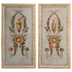 Pair of Antique Painted Canvas Window Panels Pair of Antique Painted Canvas Window Panels