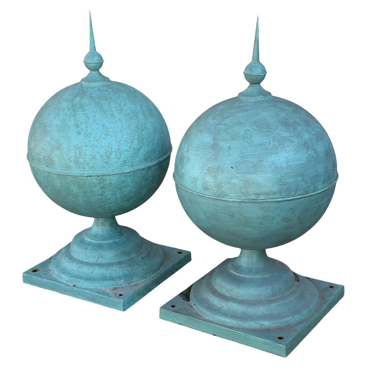 Pair of Antique Painted Copper Architectural Sphere Post Finials For Sale