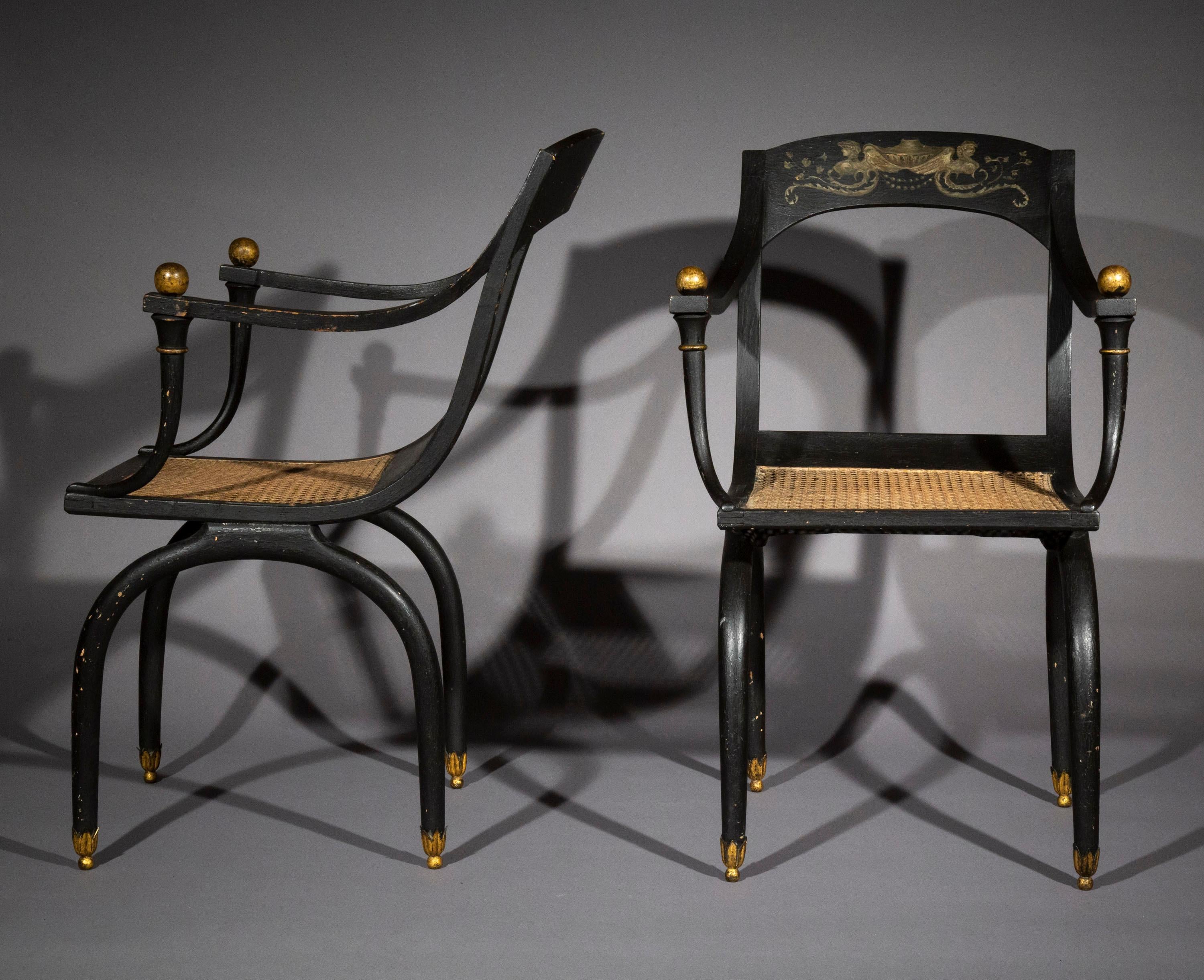 Pair of Antique Painted Curule Armchairs in the style of Jean-Joseph Chapuis 3