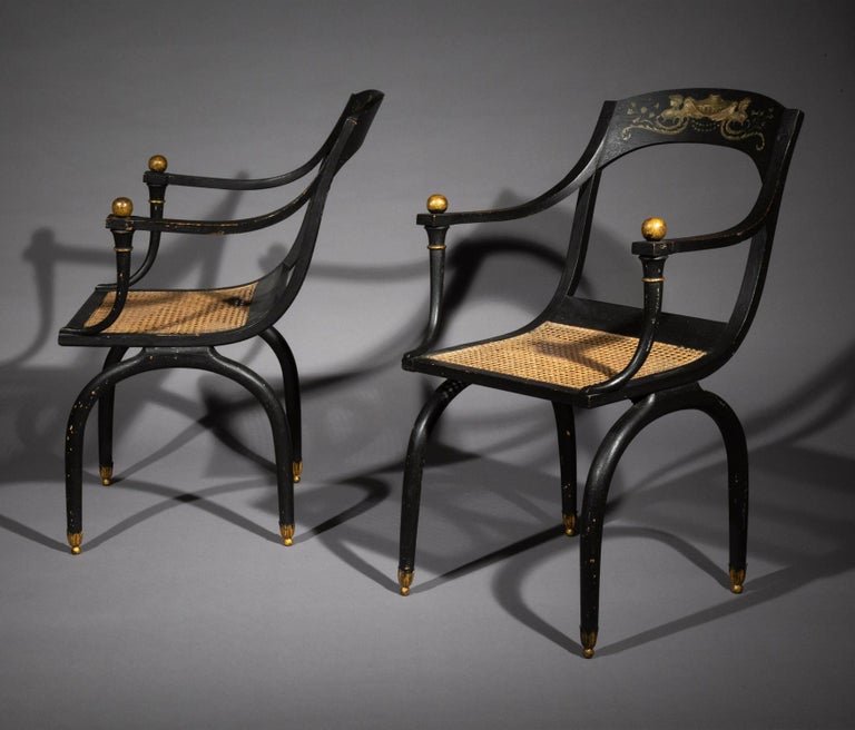 Gilt Pair of Antique Painted Curule Armchairs in the style of Jean-Joseph Chapuis