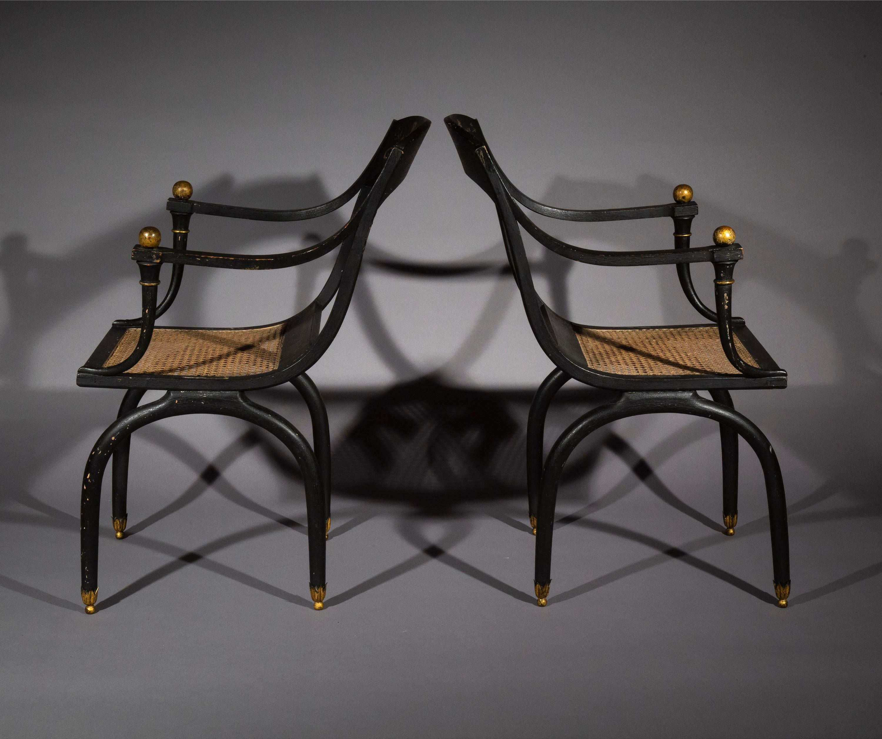 Bronze Pair of Antique Painted Curule Armchairs in the style of Jean-Joseph Chapuis