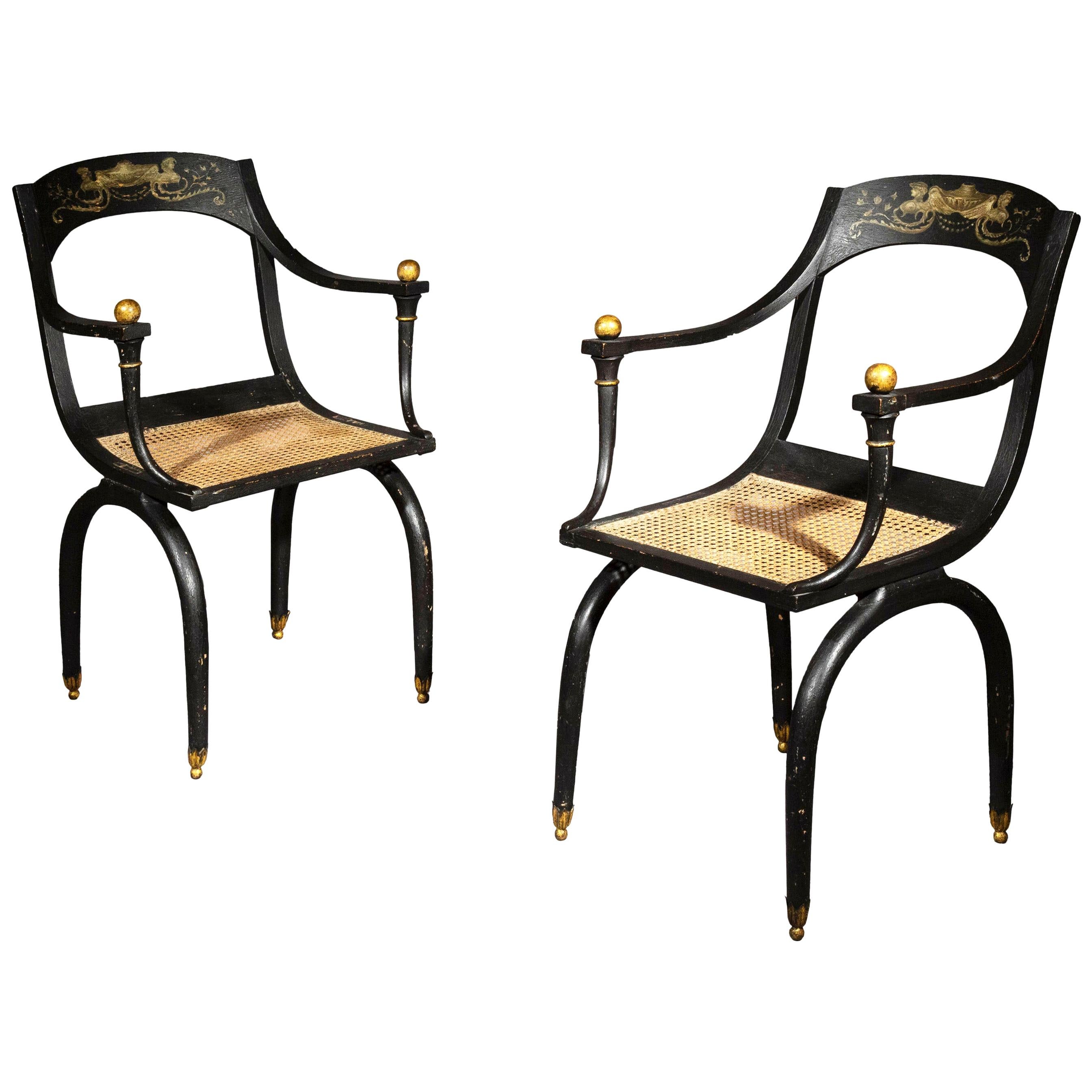 Pair of Antique Painted Curule Armchairs in the style of Jean-Joseph Chapuis