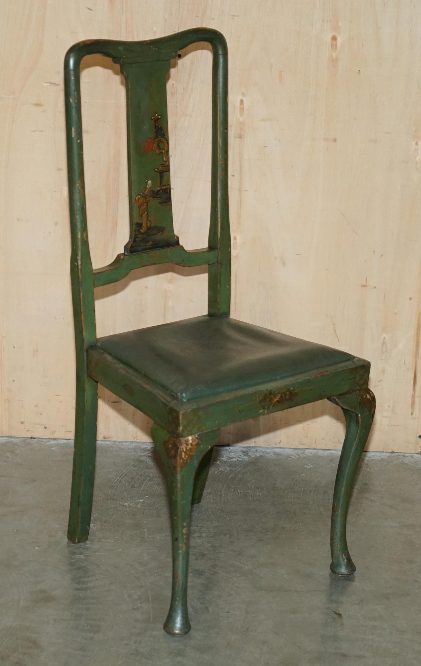 PAIR OF ANTIQUE PAINTED FINISH CHINESE EXPORT CHINOISERIE GREEN SIDE CHAIRs For Sale 9