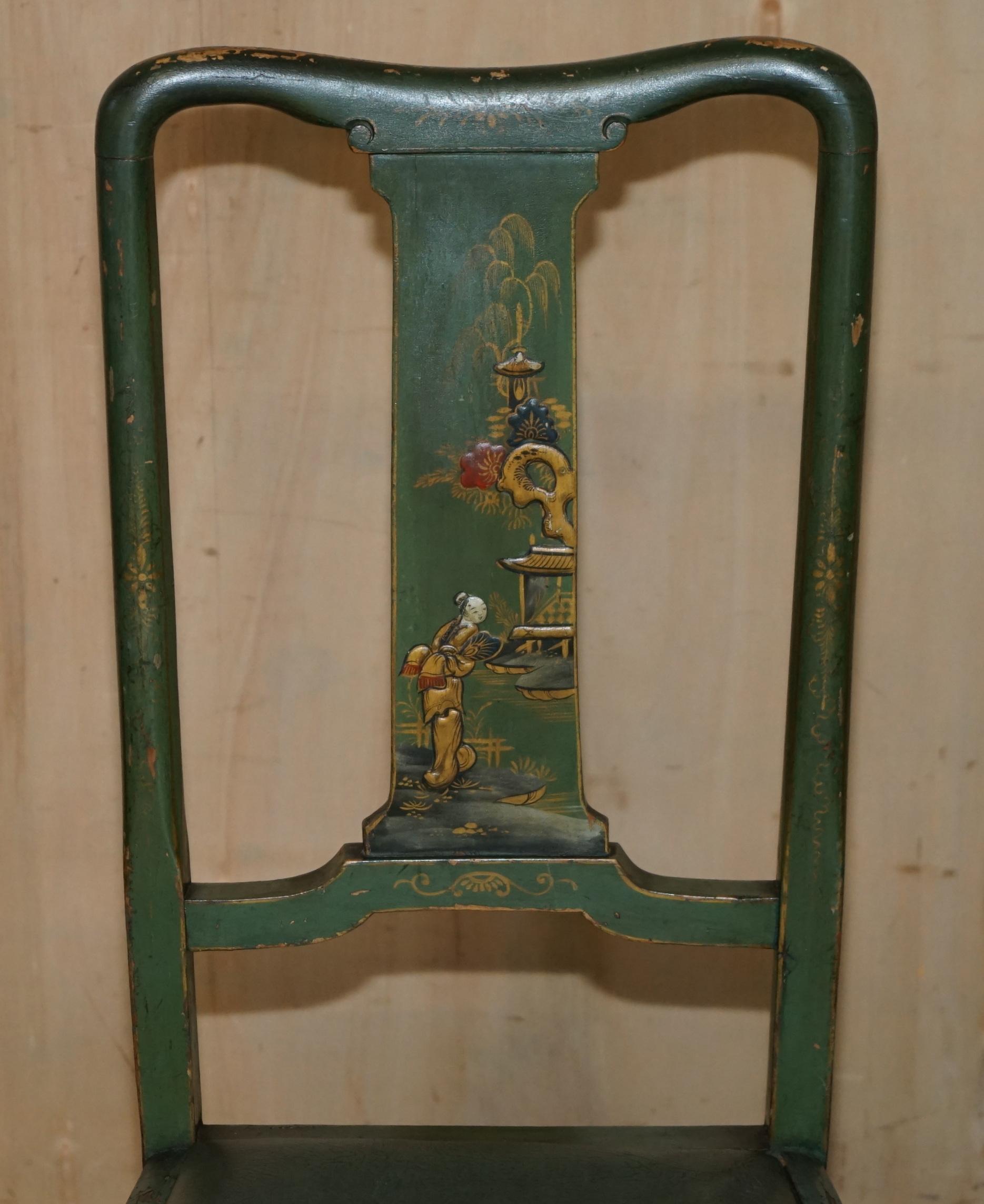 PAIR OF ANTIQUE PAINTED FINISH CHINESE EXPORT CHINOISERIE GREEN SIDE CHAIRs For Sale 10