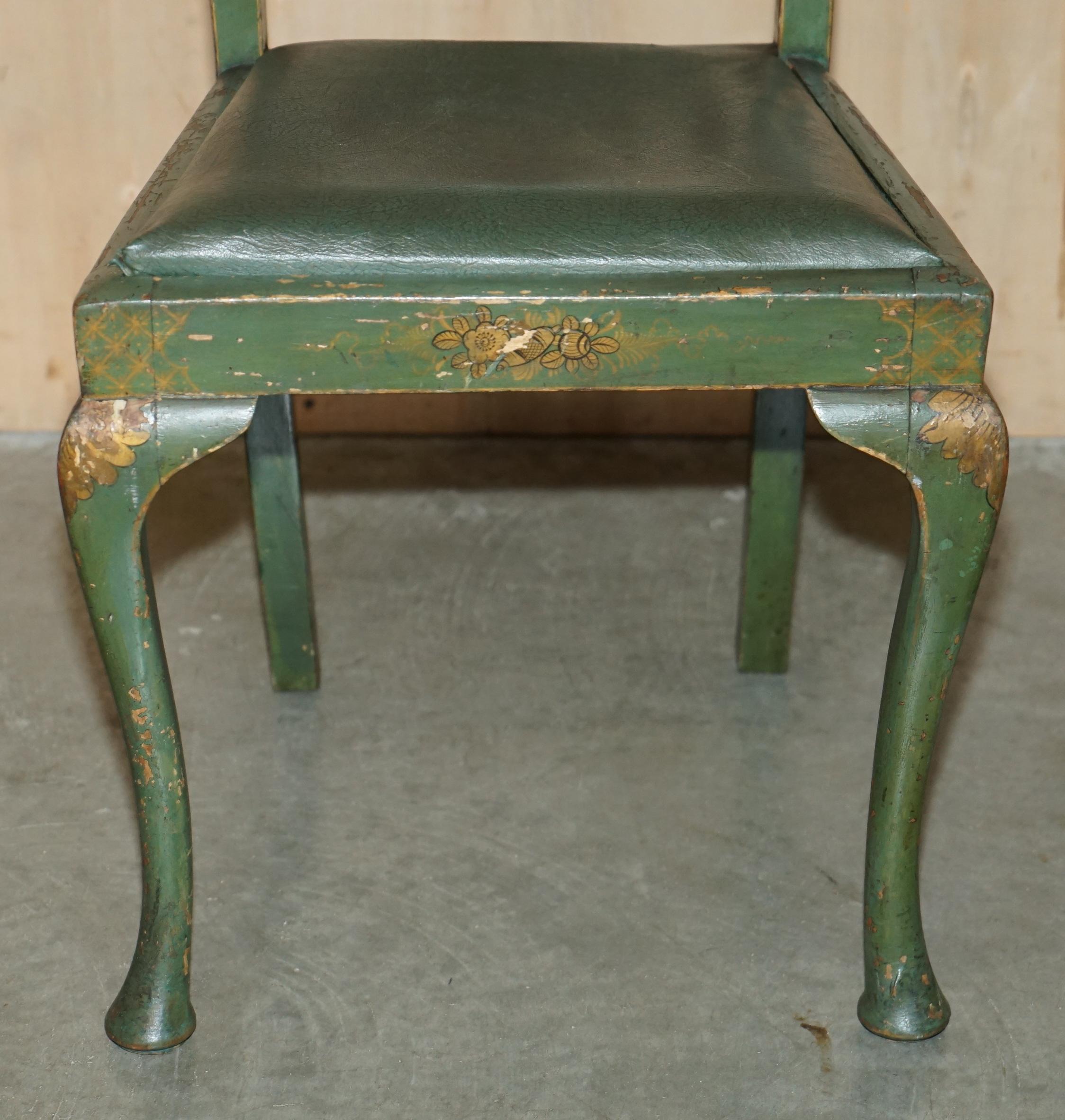 PAIR OF ANTIQUE PAINTED FINISH CHINESE EXPORT CHINOISERIE GREEN SIDE CHAIRs For Sale 11