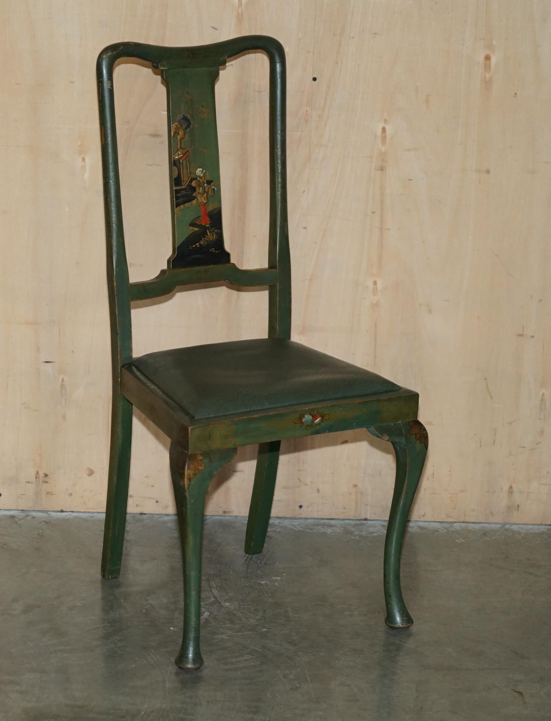 Chinese Export PAIR OF ANTIQUE PAINTED FINISH CHINESE EXPORT CHINOISERIE GREEN SIDE CHAIRs For Sale