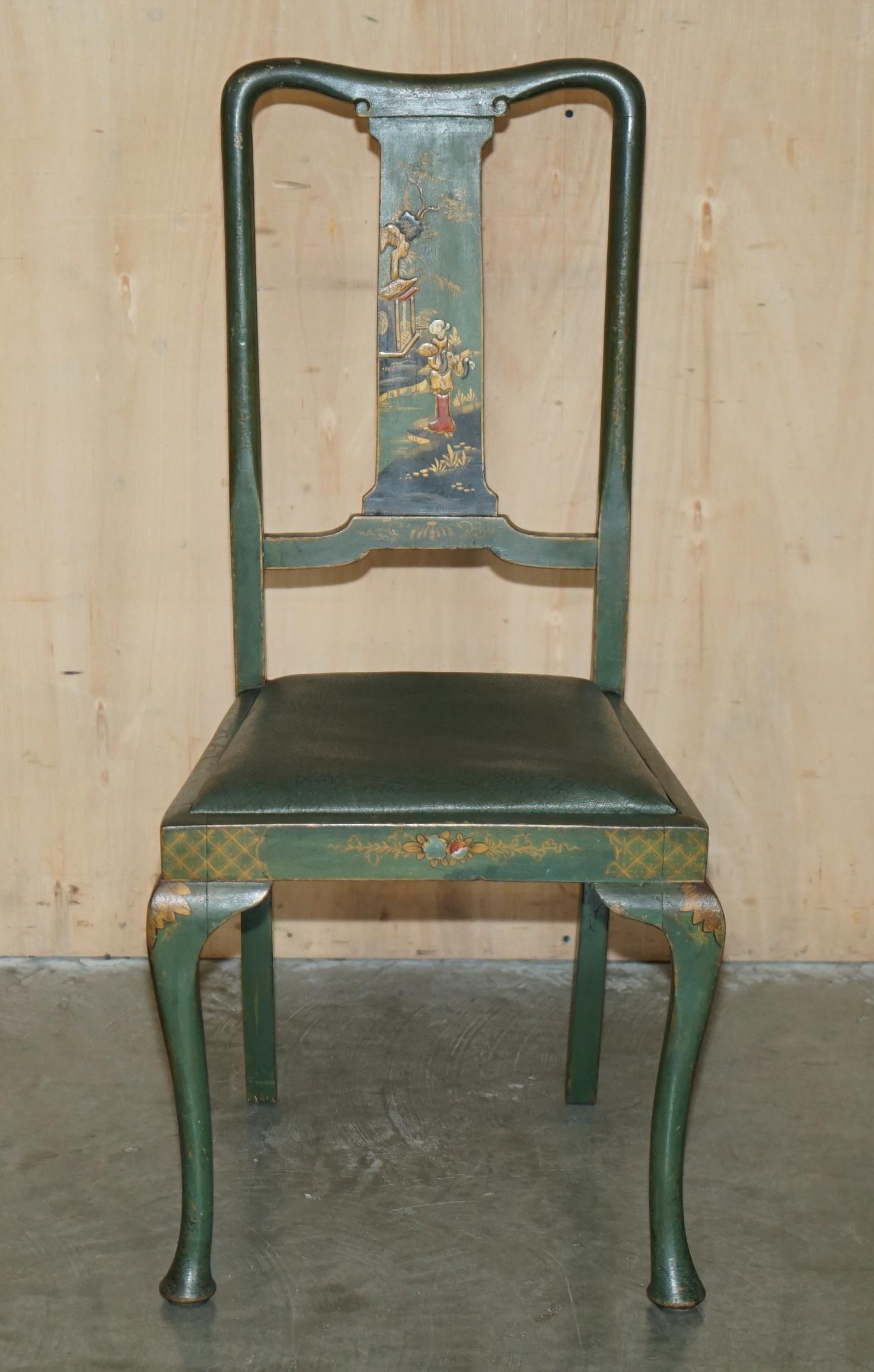 Chinese PAIR OF ANTIQUE PAINTED FINISH CHINESE EXPORT CHINOISERIE GREEN SIDE CHAIRs For Sale
