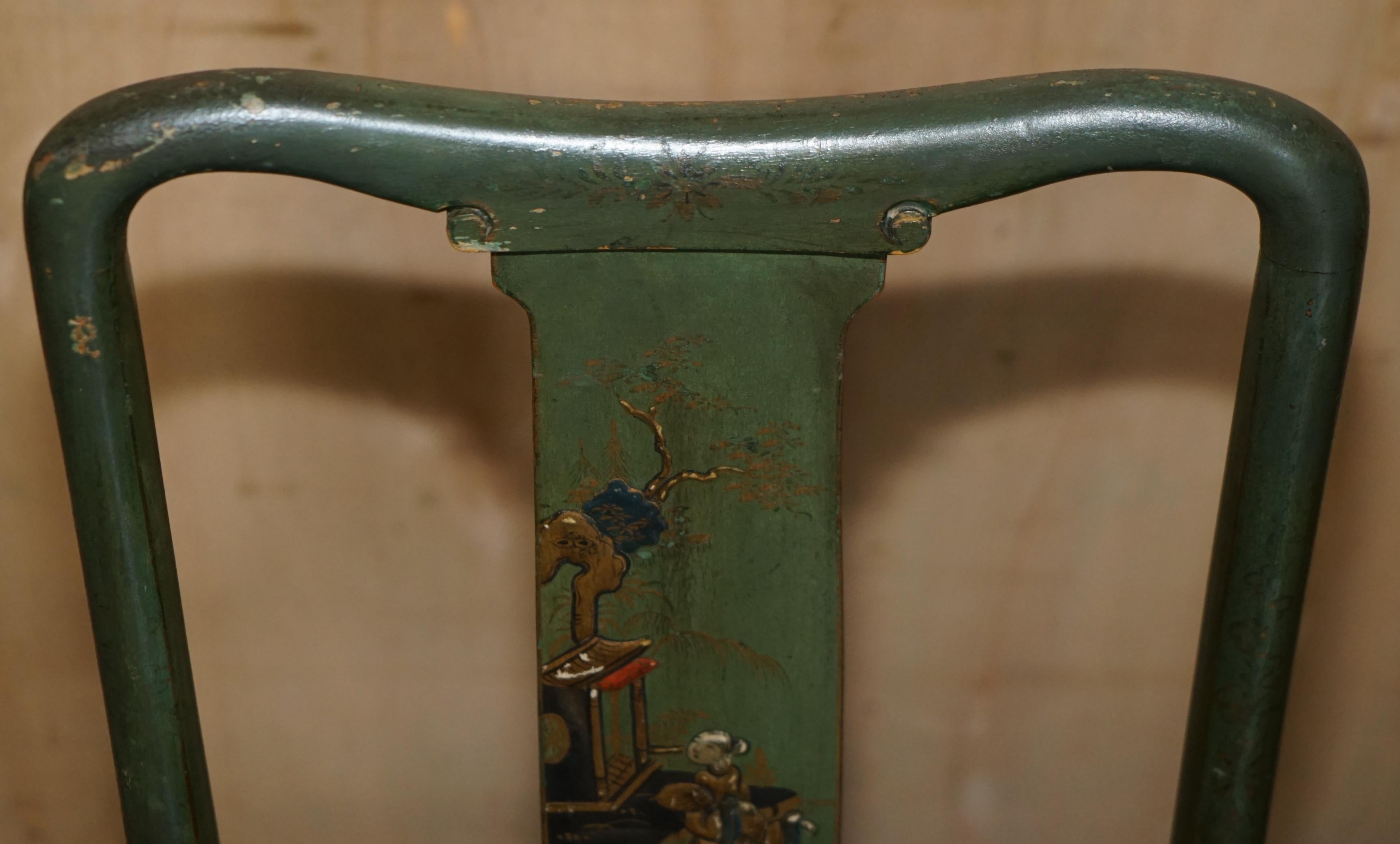 Early 20th Century PAIR OF ANTIQUE PAINTED FINISH CHINESE EXPORT CHINOISERIE GREEN SIDE CHAIRs For Sale