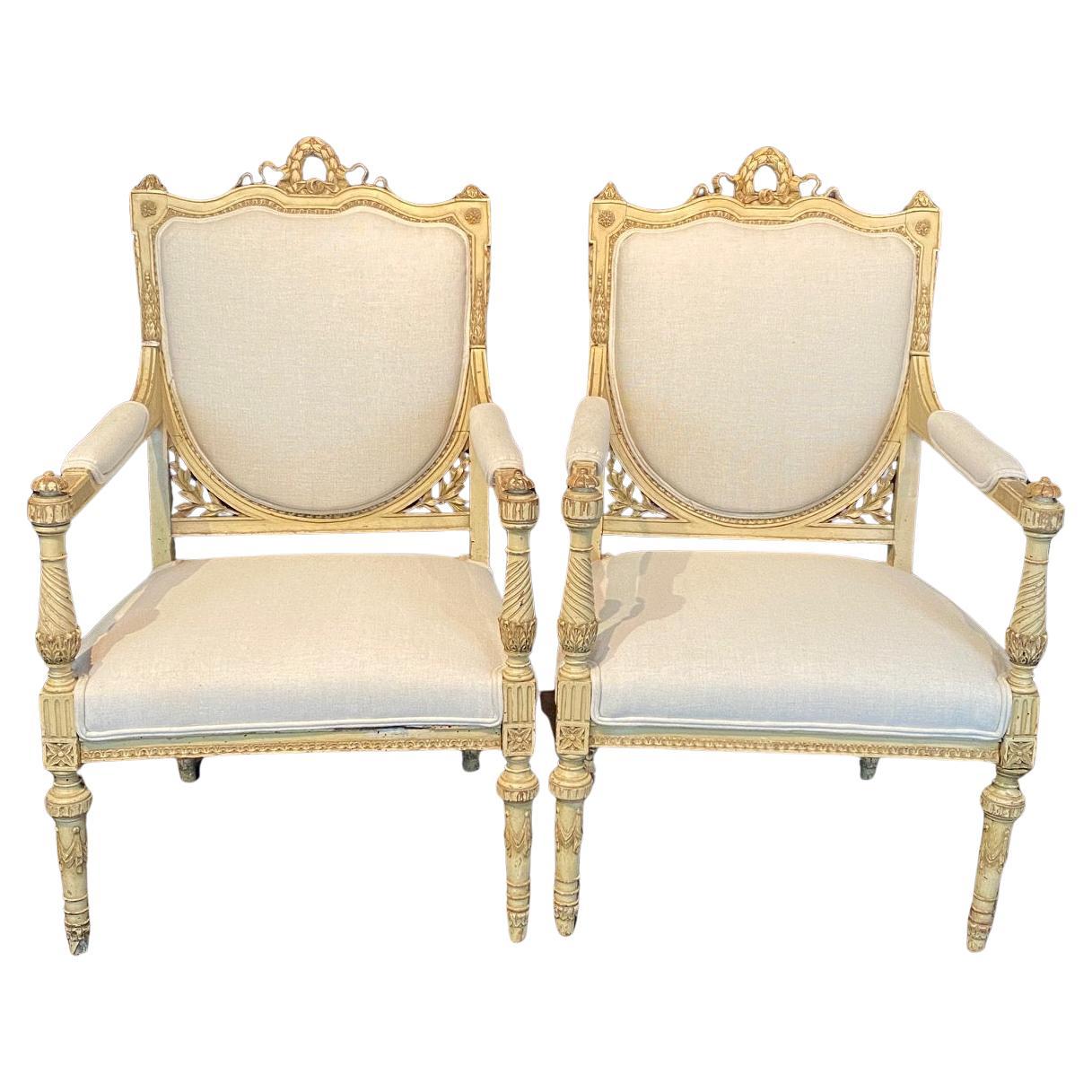 Pair of Antique Painted French Neoclassical Armchairs with New Upholstery