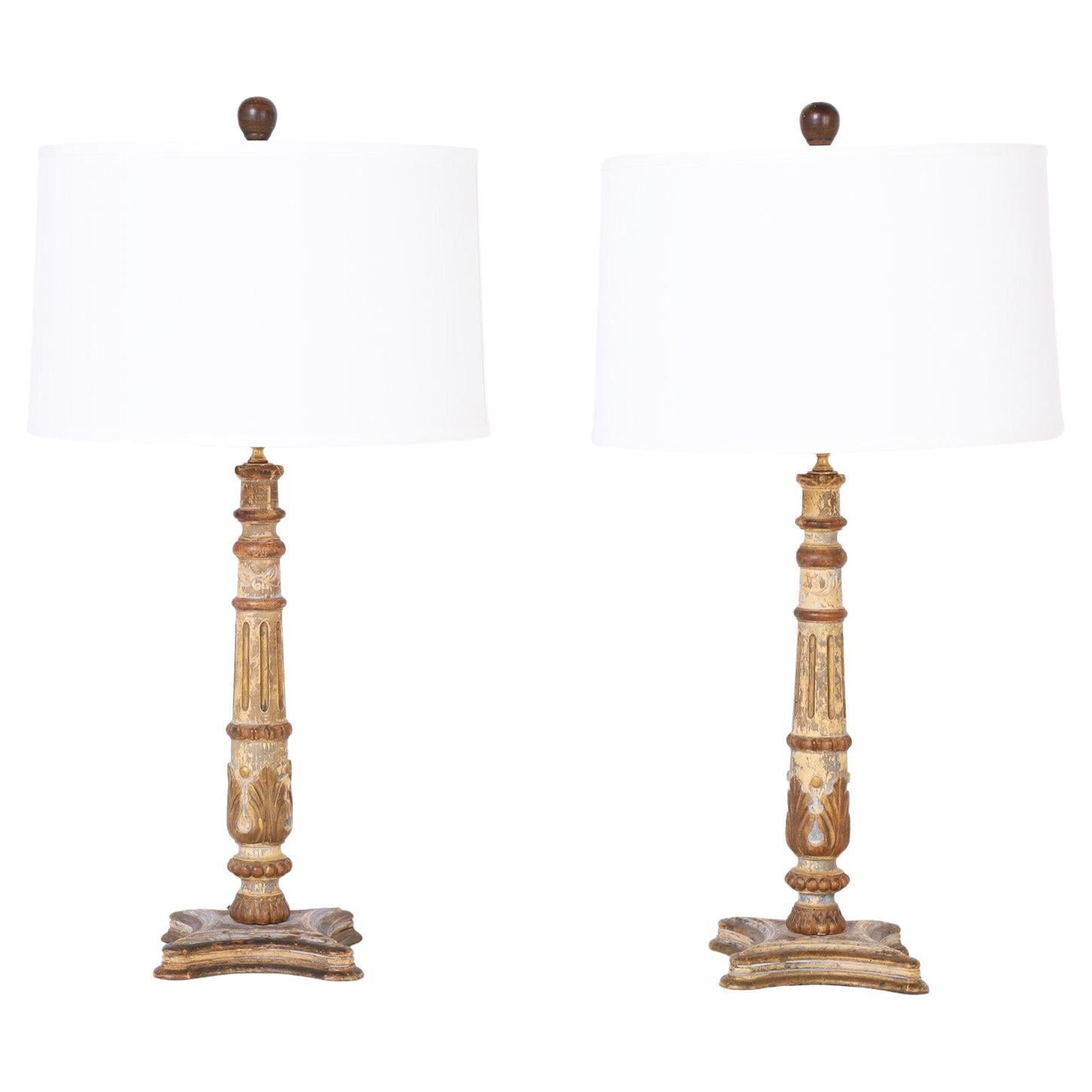 Pair of Antique Painted Italian Carved Wood Table Lamps For Sale
