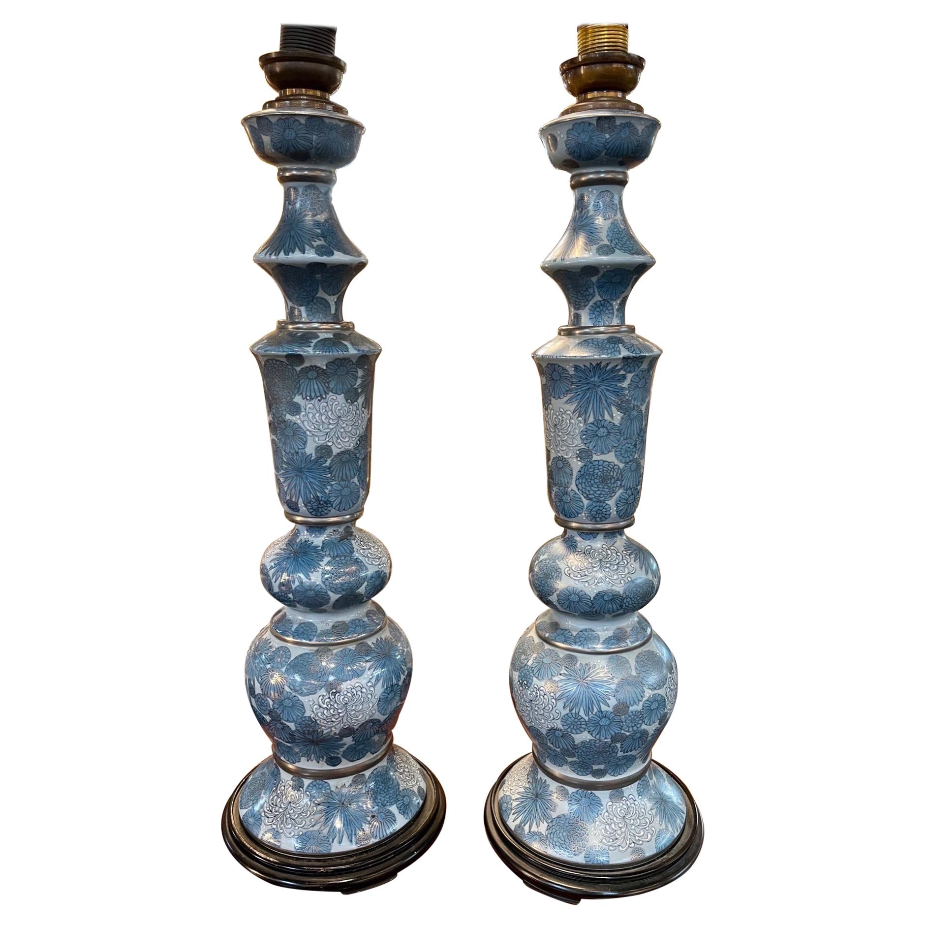 Pair of Antique Painted Porcelain Lamps