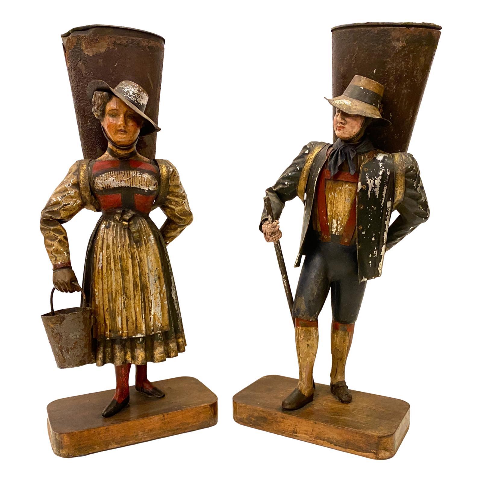 Italian Pair of Antique Painted Tole Figures For Sale