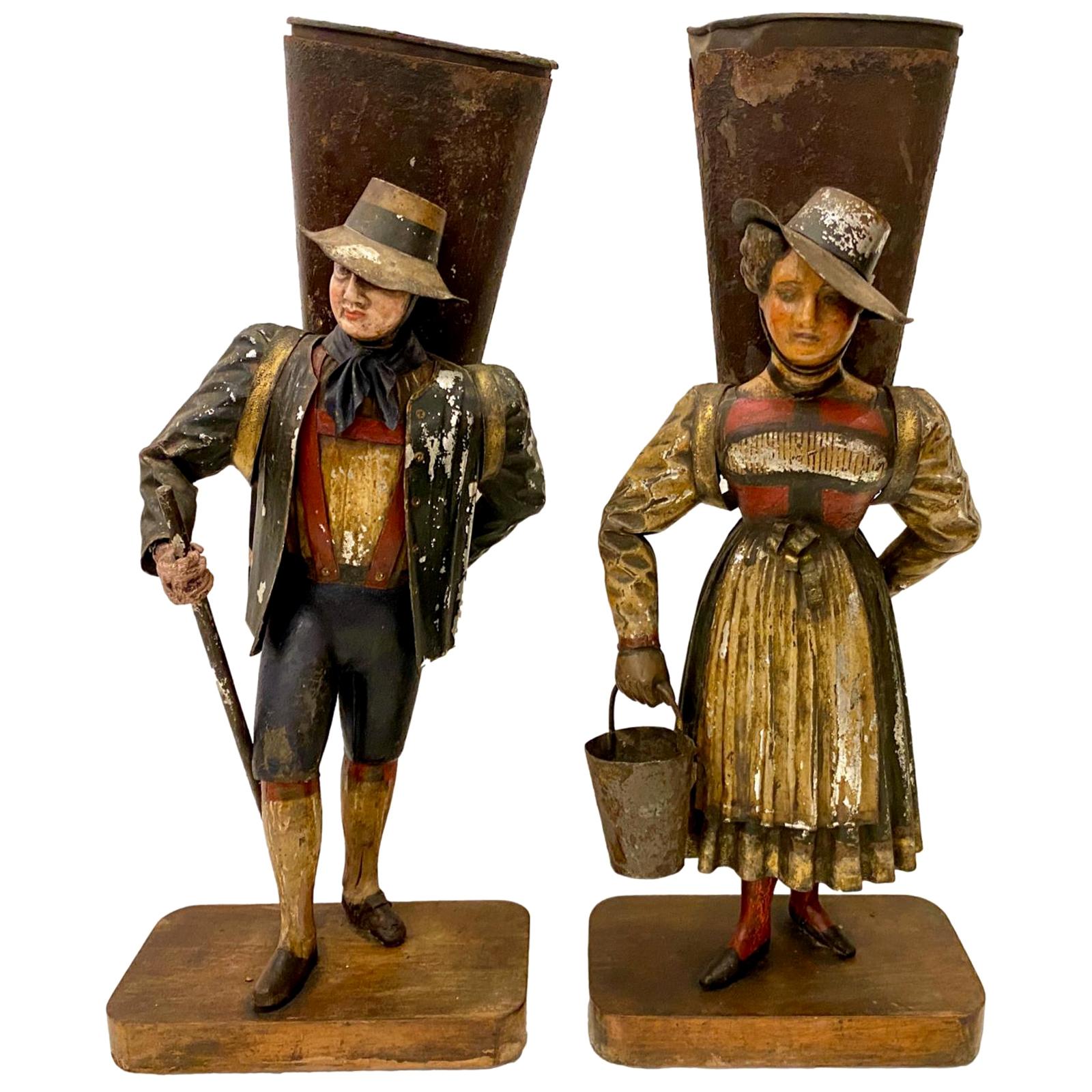 Pair of Antique Painted Tole Figures For Sale