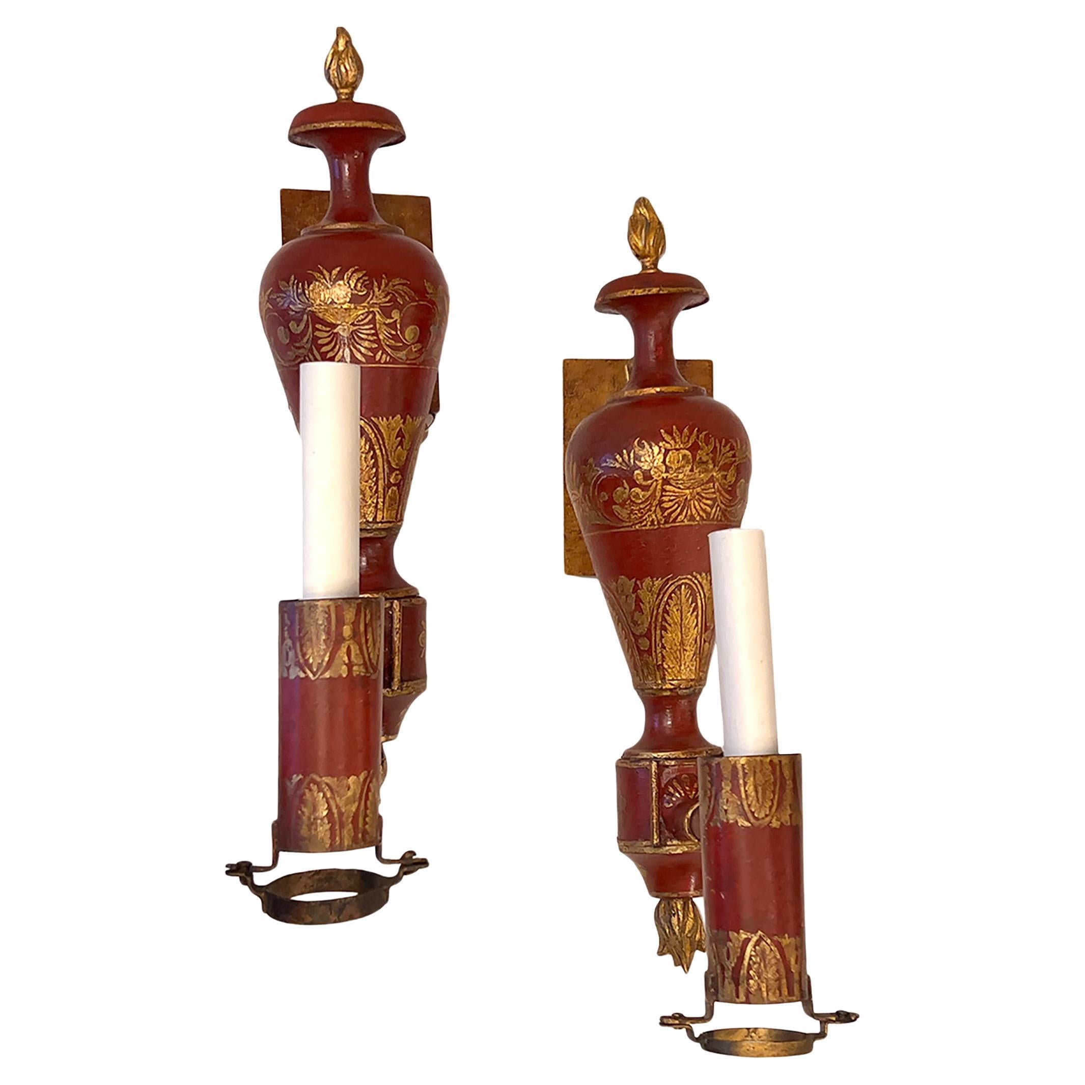 Pair of Antique Painted Tole Sconces For Sale