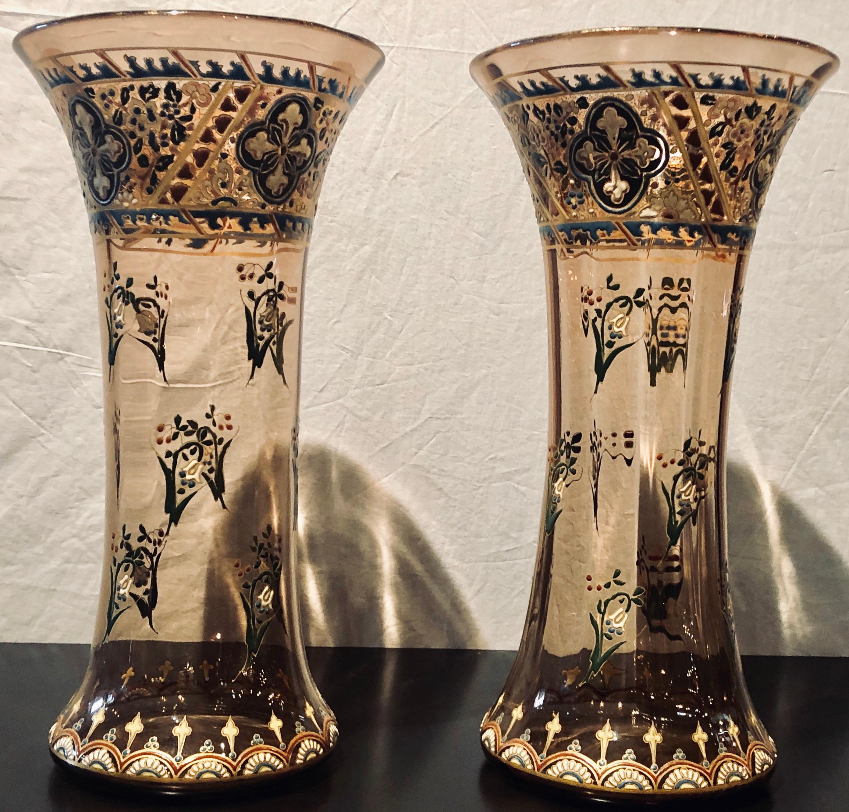 Art Nouveau Pair of Antique Palatial French Jeweled Vases or Urns Emile Galle Style  For Sale